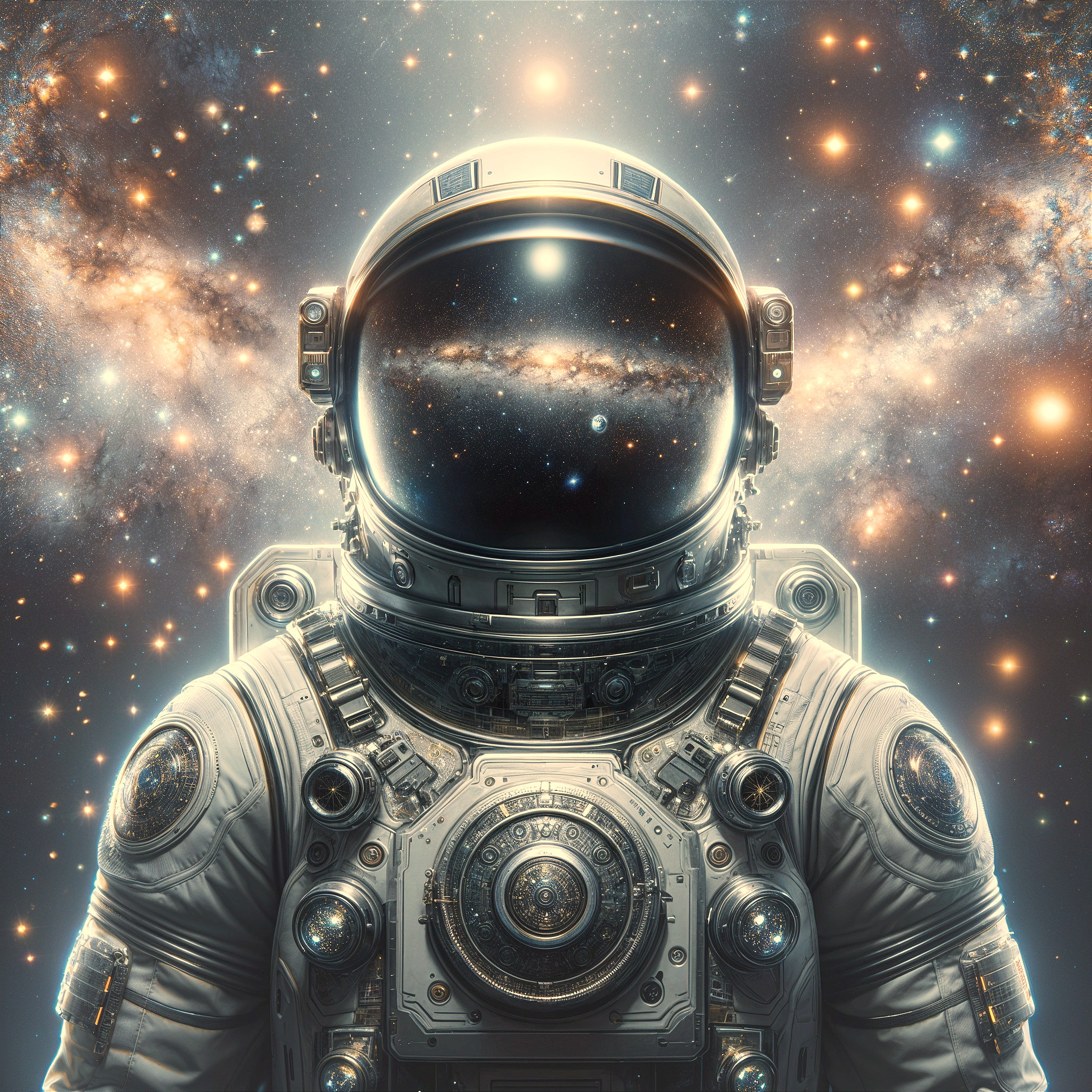 Astronaut in Cosmic Setting with Galaxy and Stars