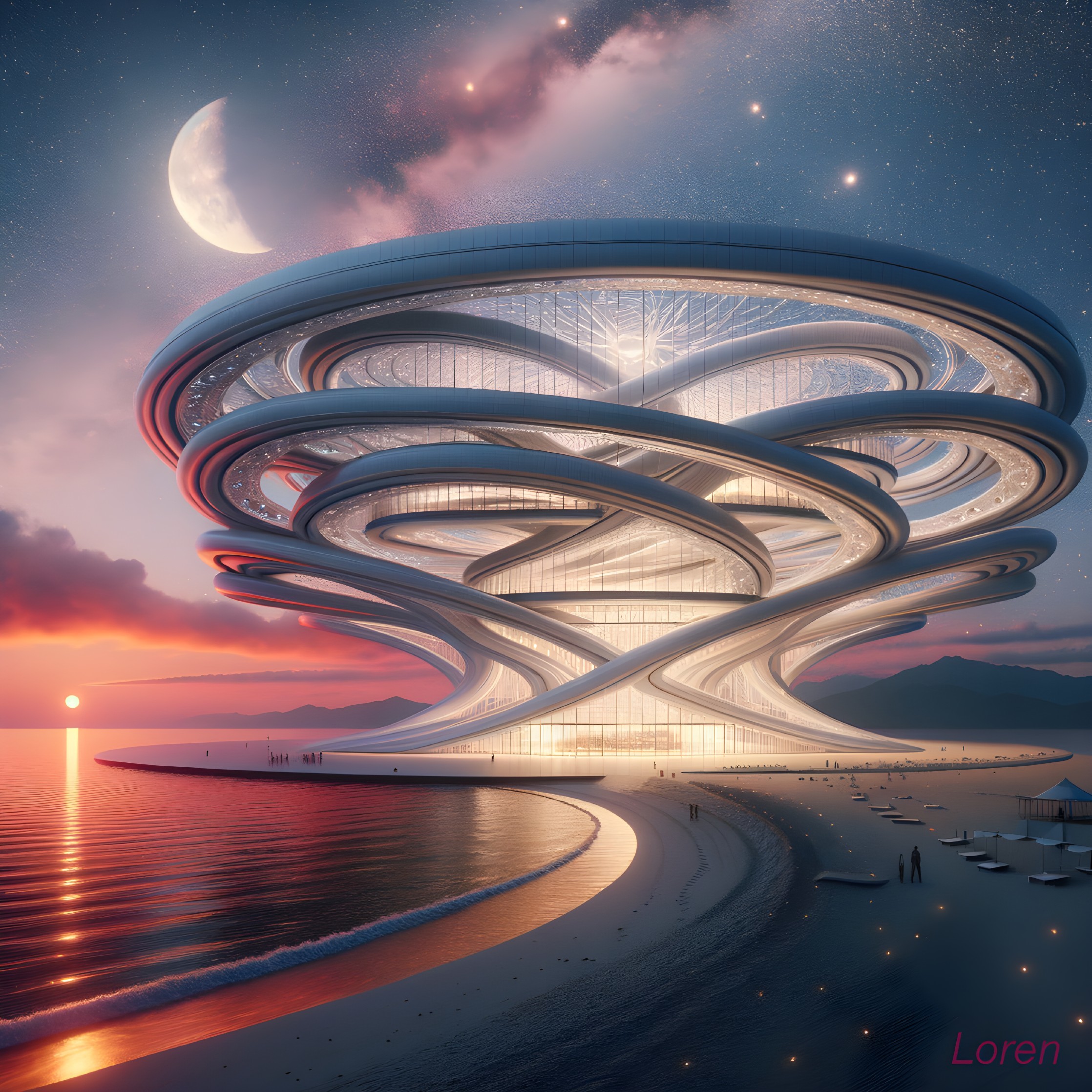 Futuristic Spiral Architecture on Serene Beach at Dusk