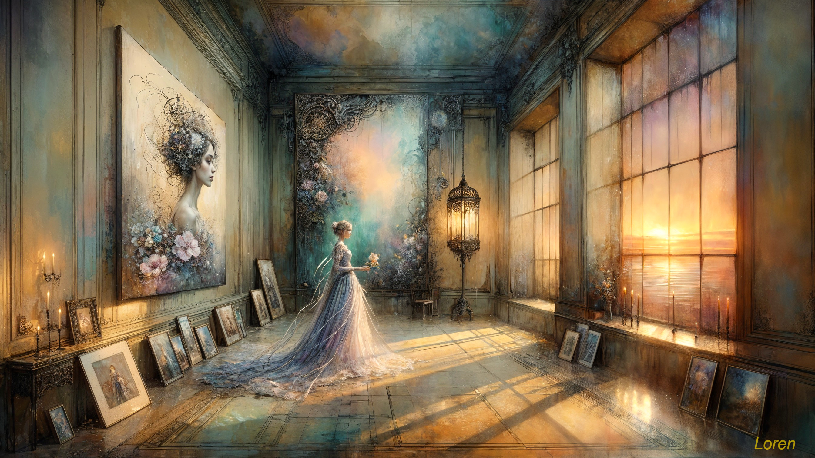 Serene Room with Golden Light and Colorful Sunset