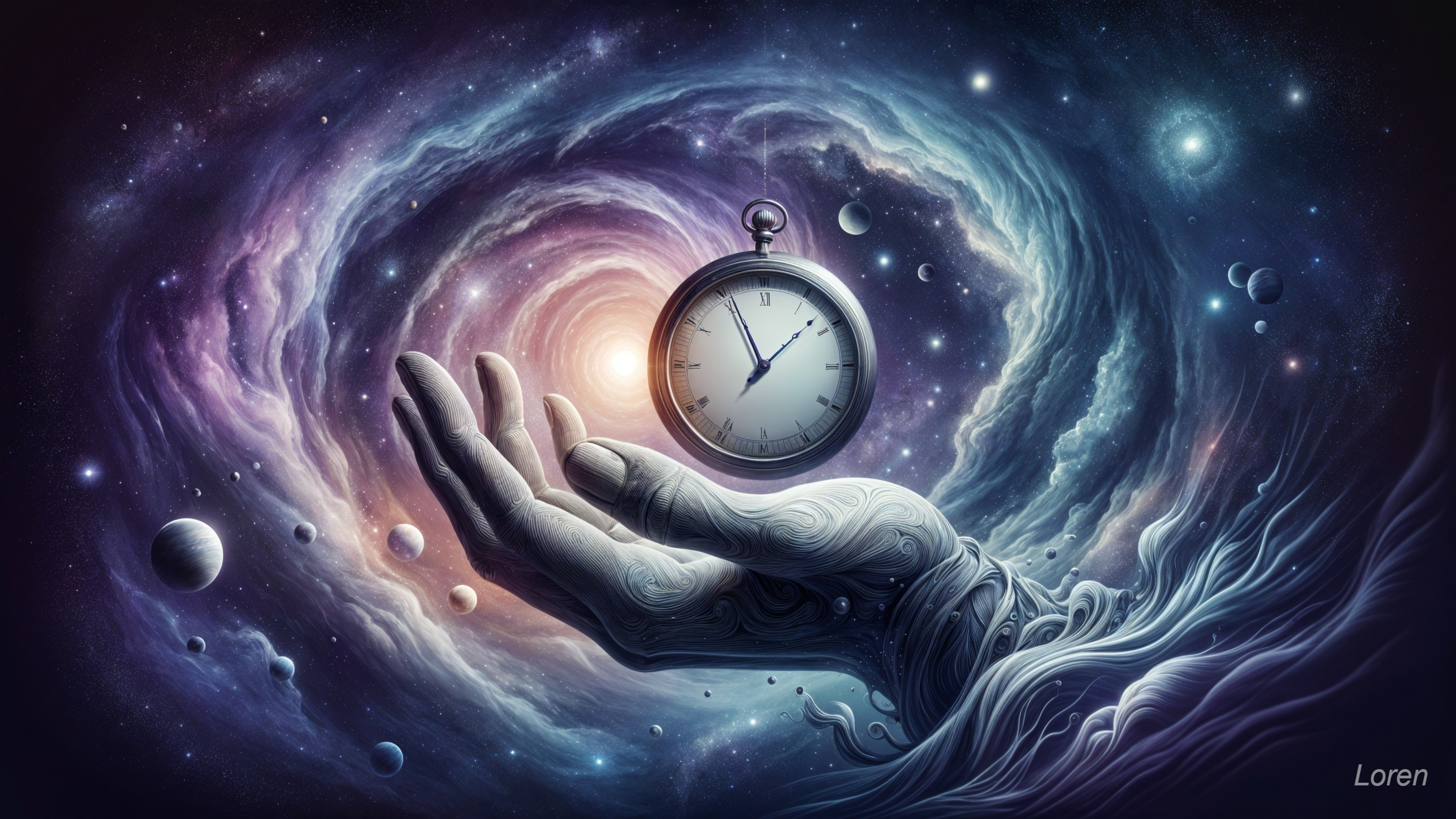 Surreal Hand with Pocket Watch in Cosmic Galaxy