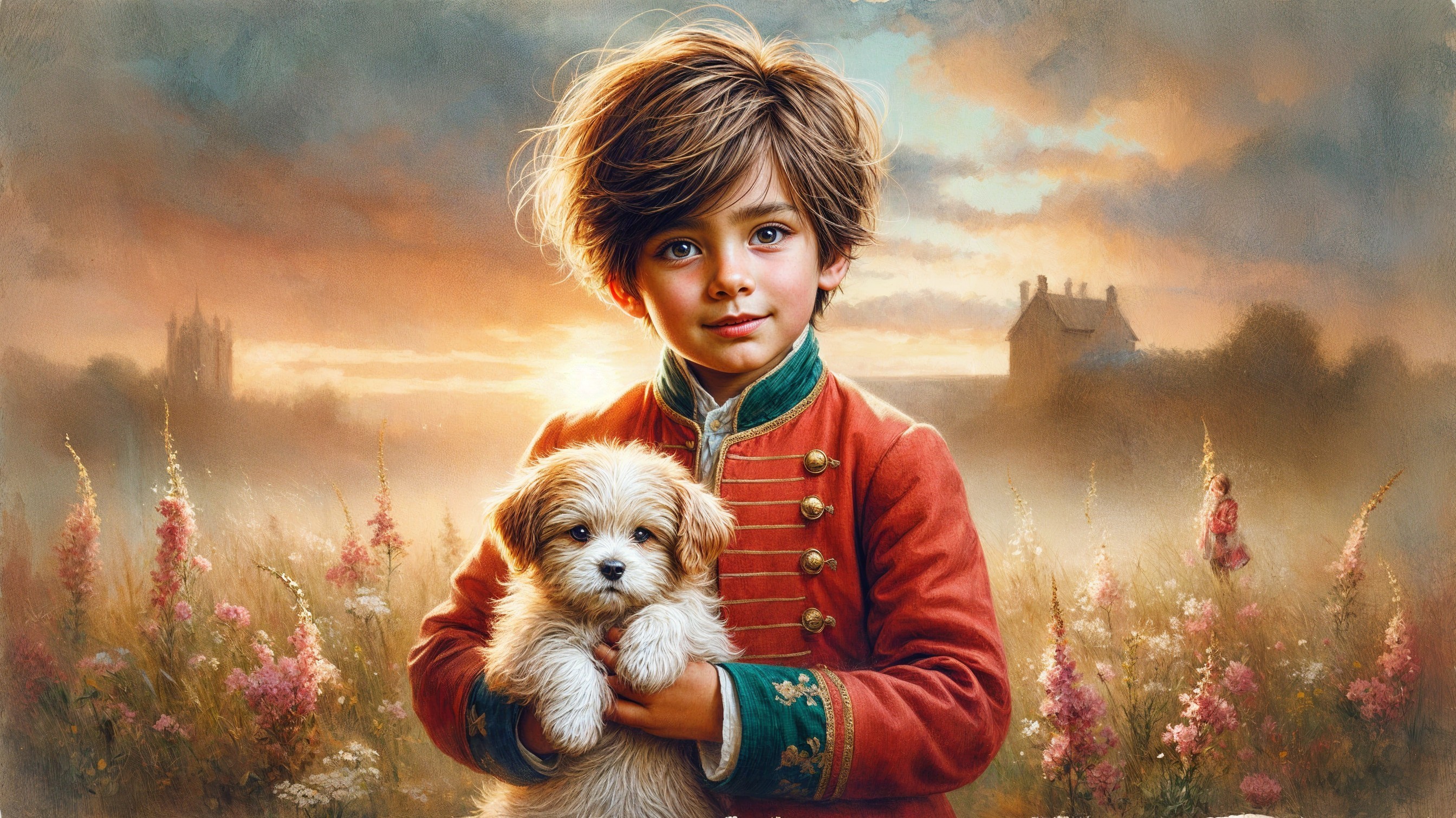 Young boy in orange coat with puppy in sunset field