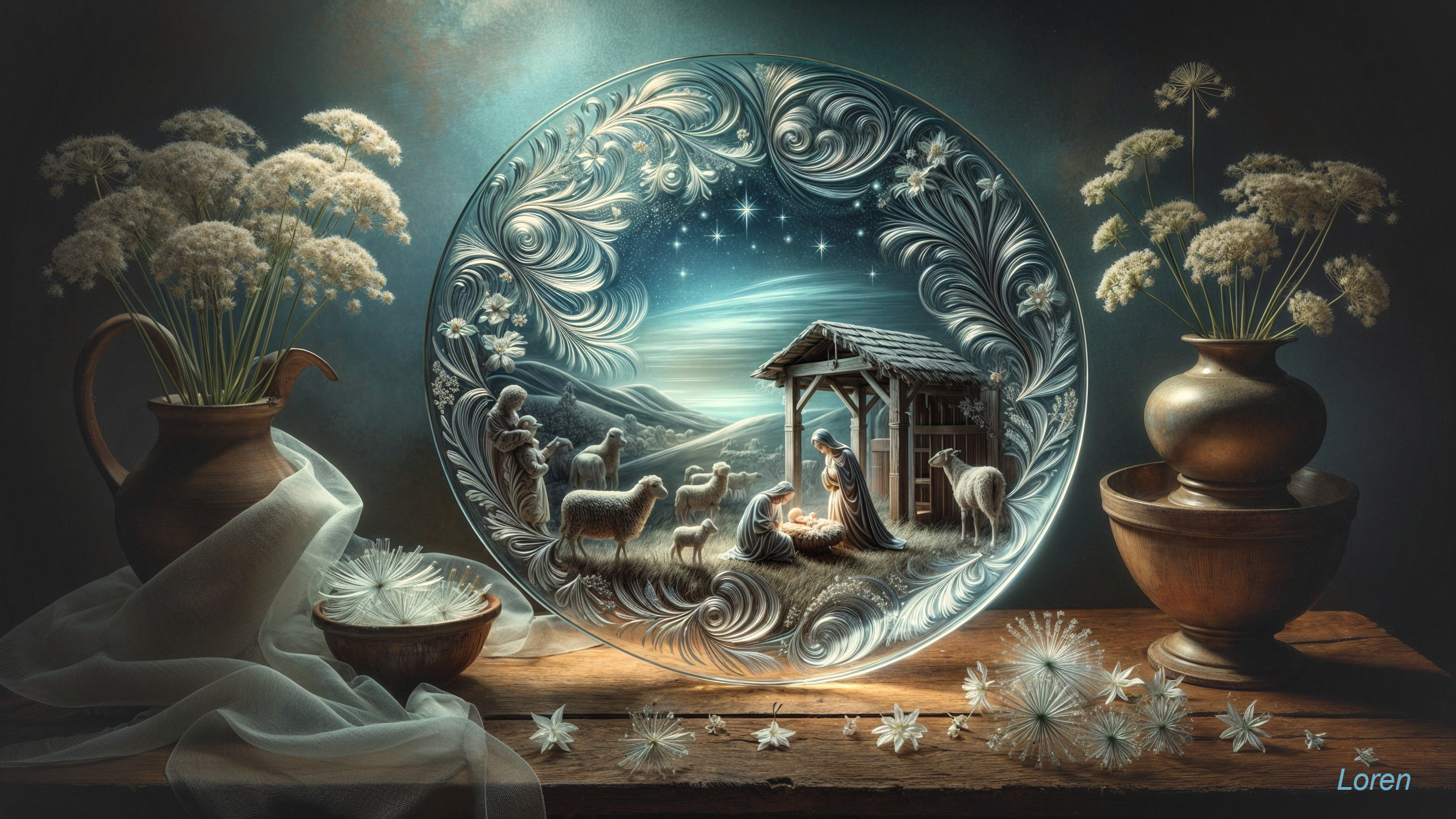 Serene Nativity Scene Plate with Floral Elements