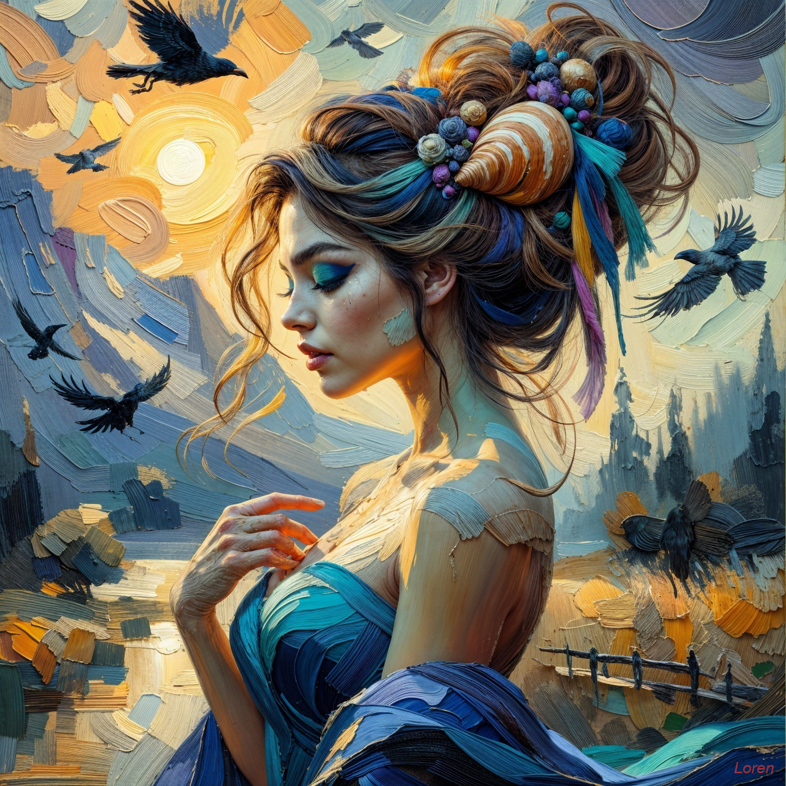 Young woman with seashell hairstyle in serene landscape