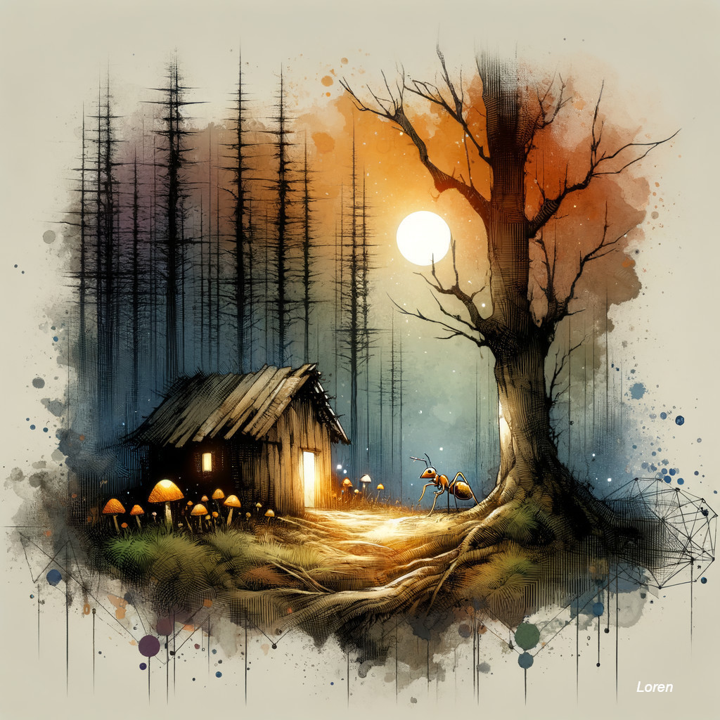 Quaint Cabin in Forest with Moonlit Pathway and Trees