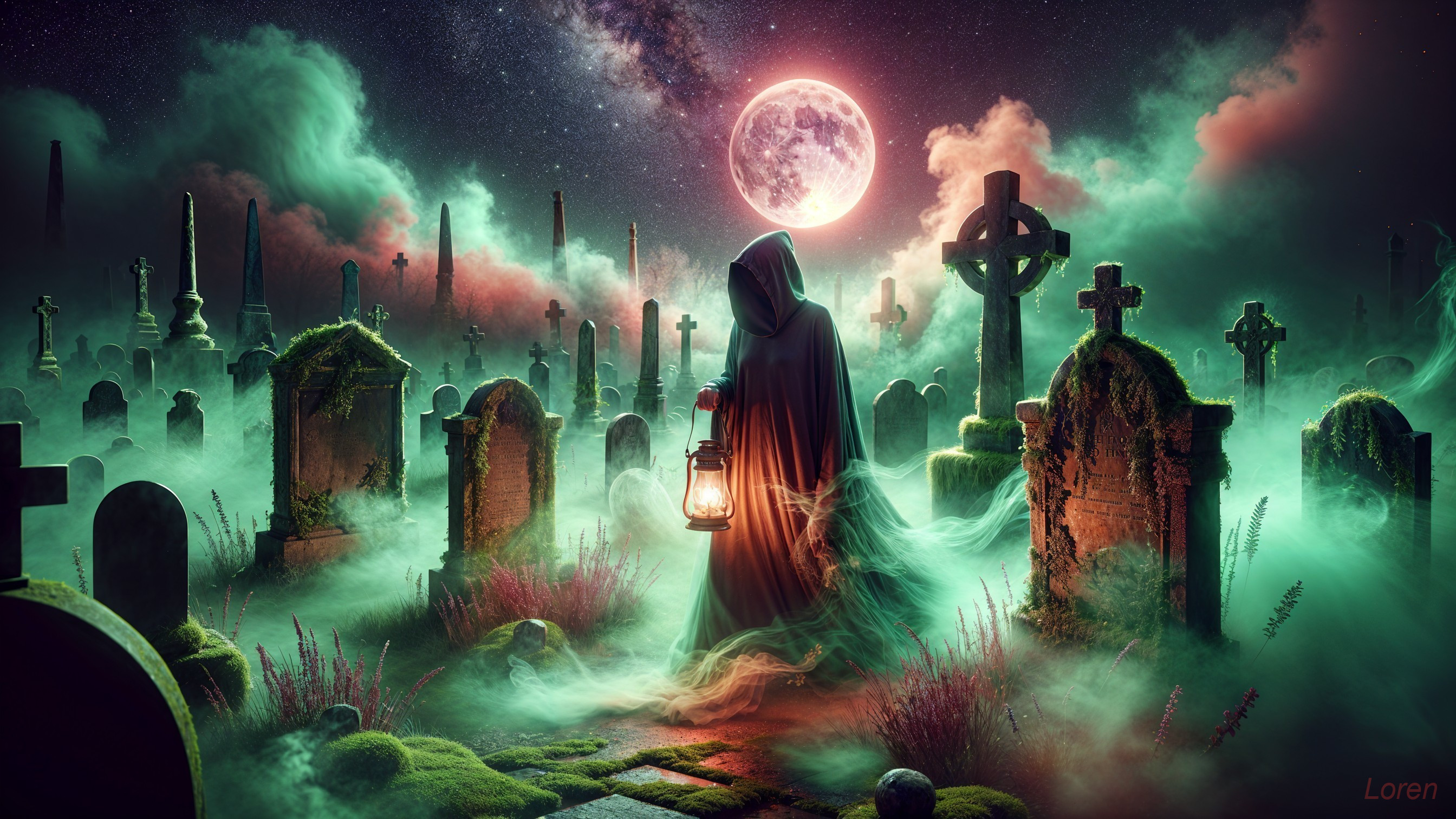 Cloaked Figure in Mystical Graveyard Under Full Moon