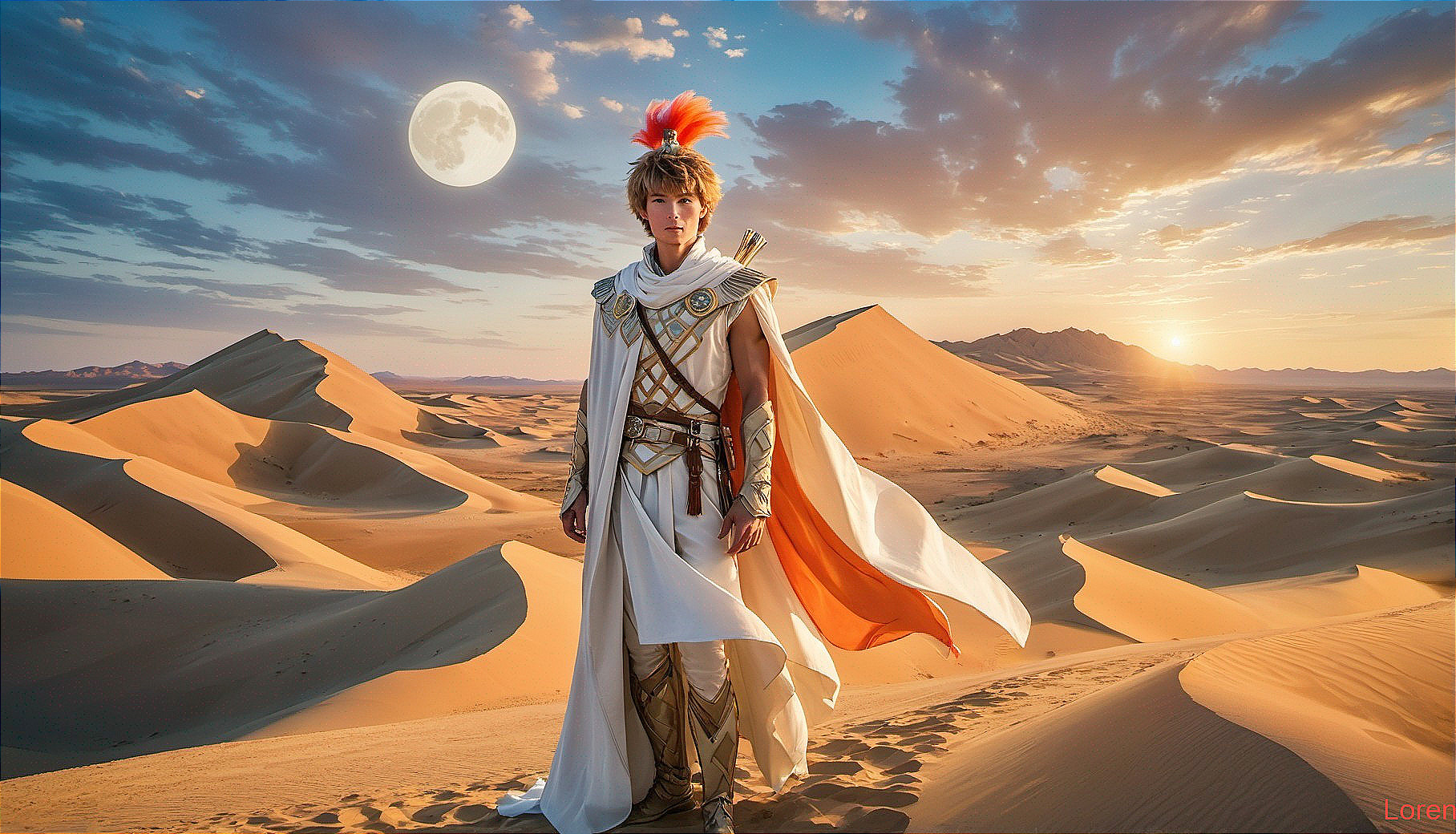Young Warrior in Desert Under Full Moonlight