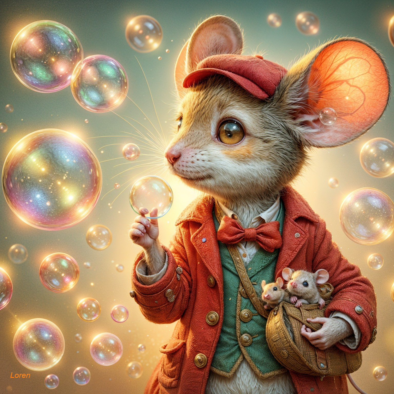 Charming Mouse in Colorful Outfit with Floating Bubbles