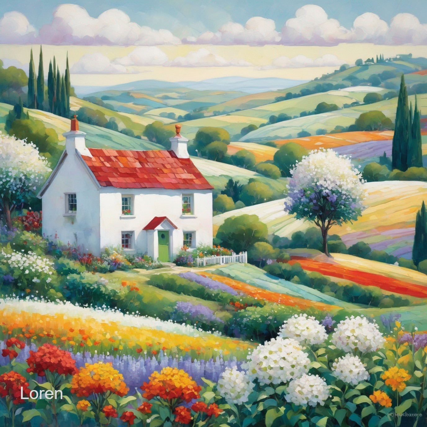 White Cottage Surrounded by Colorful Flower Gardens