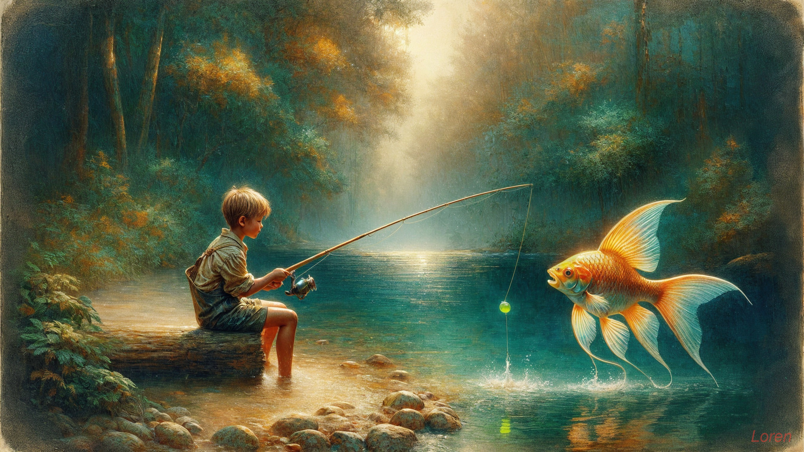 Young Boy Fishing by a Serene River with Goldfish