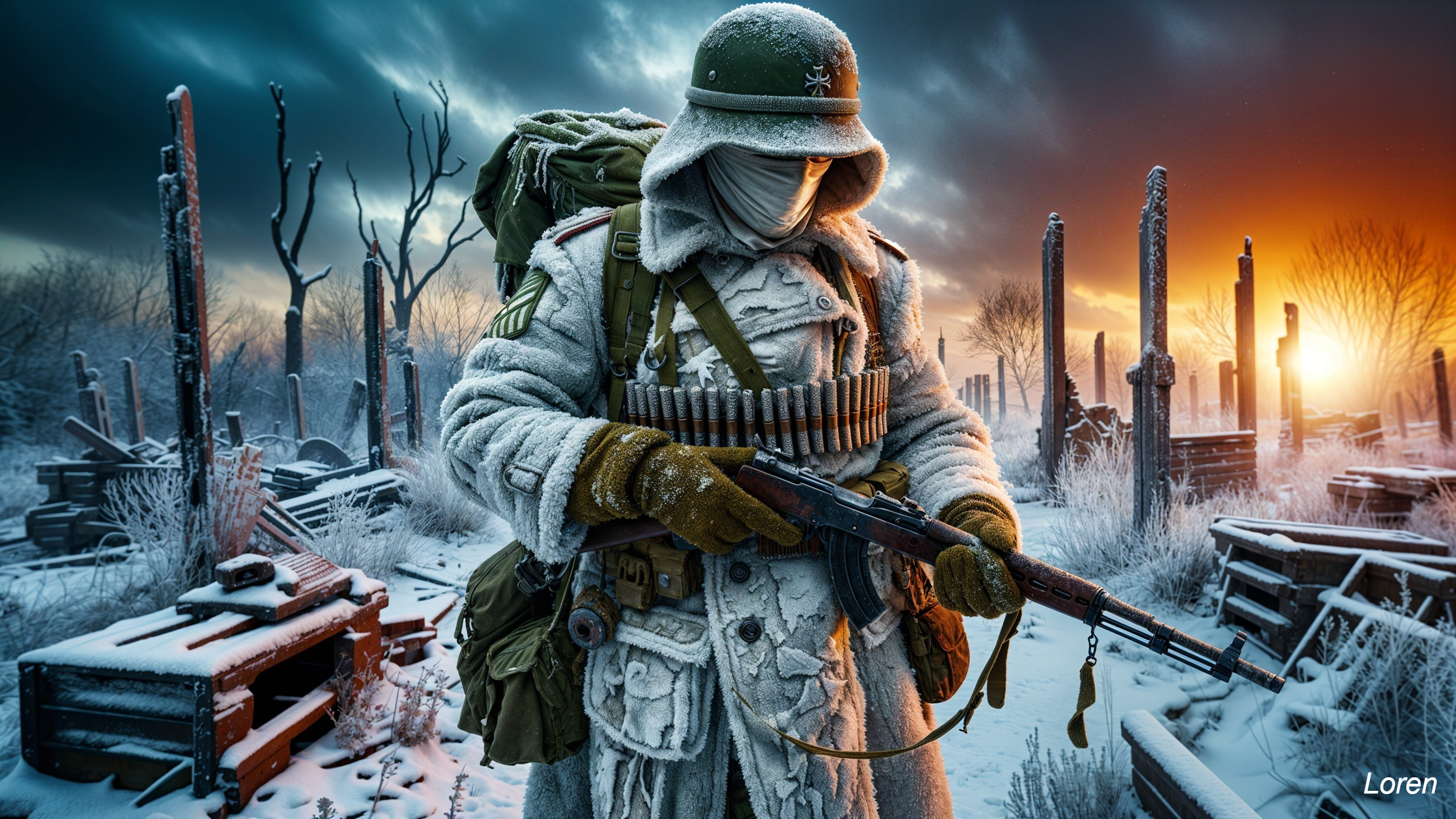 Soldier in Winter Camouflage in Snowy Battlefield