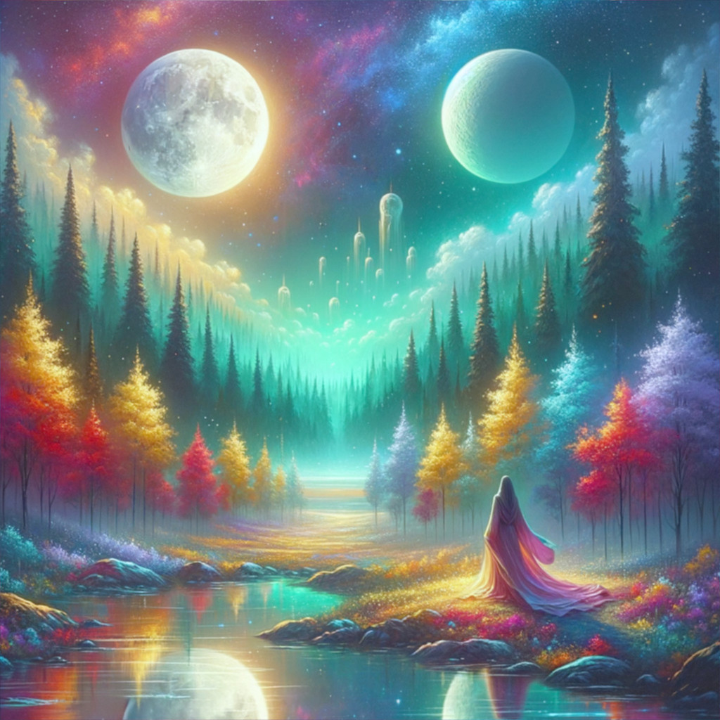 Vibrant Landscape with Two Moons and Distant Planet