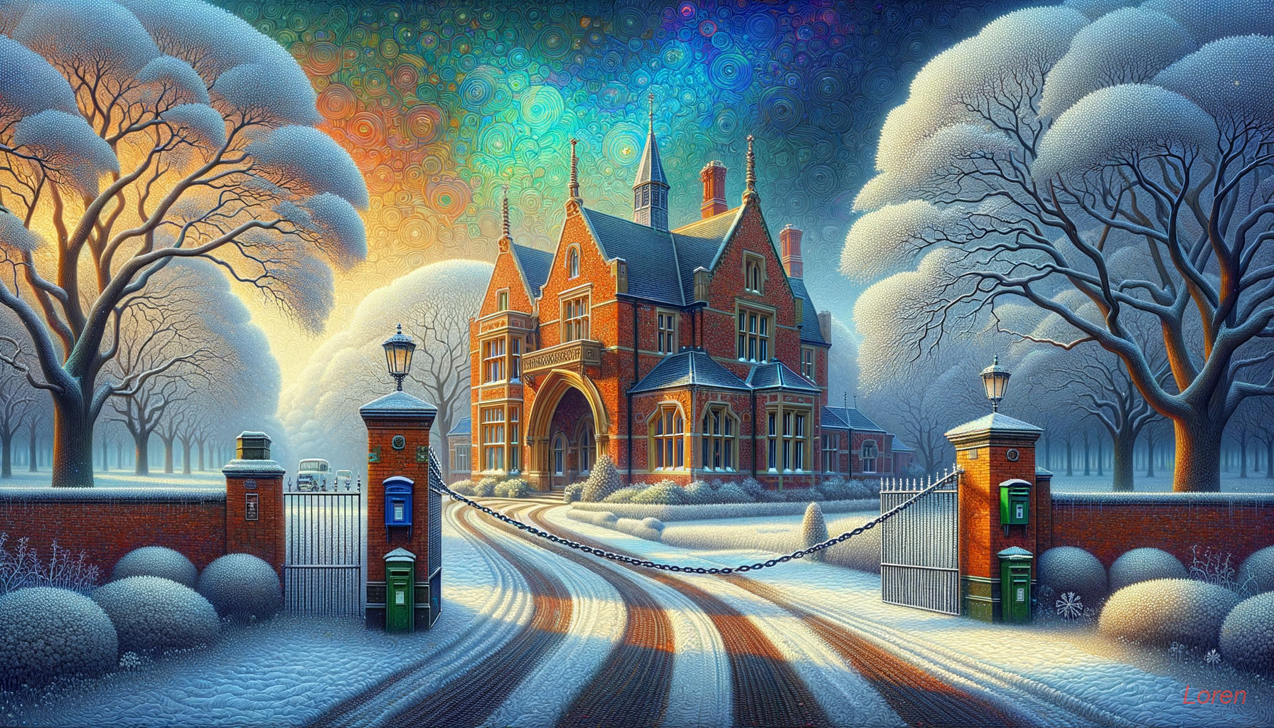 Snowy Victorian house with lanterns in vibrant illustration