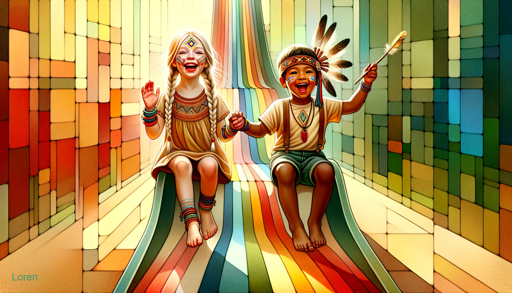 Children on a Colorful Slide with Geometric Patterns