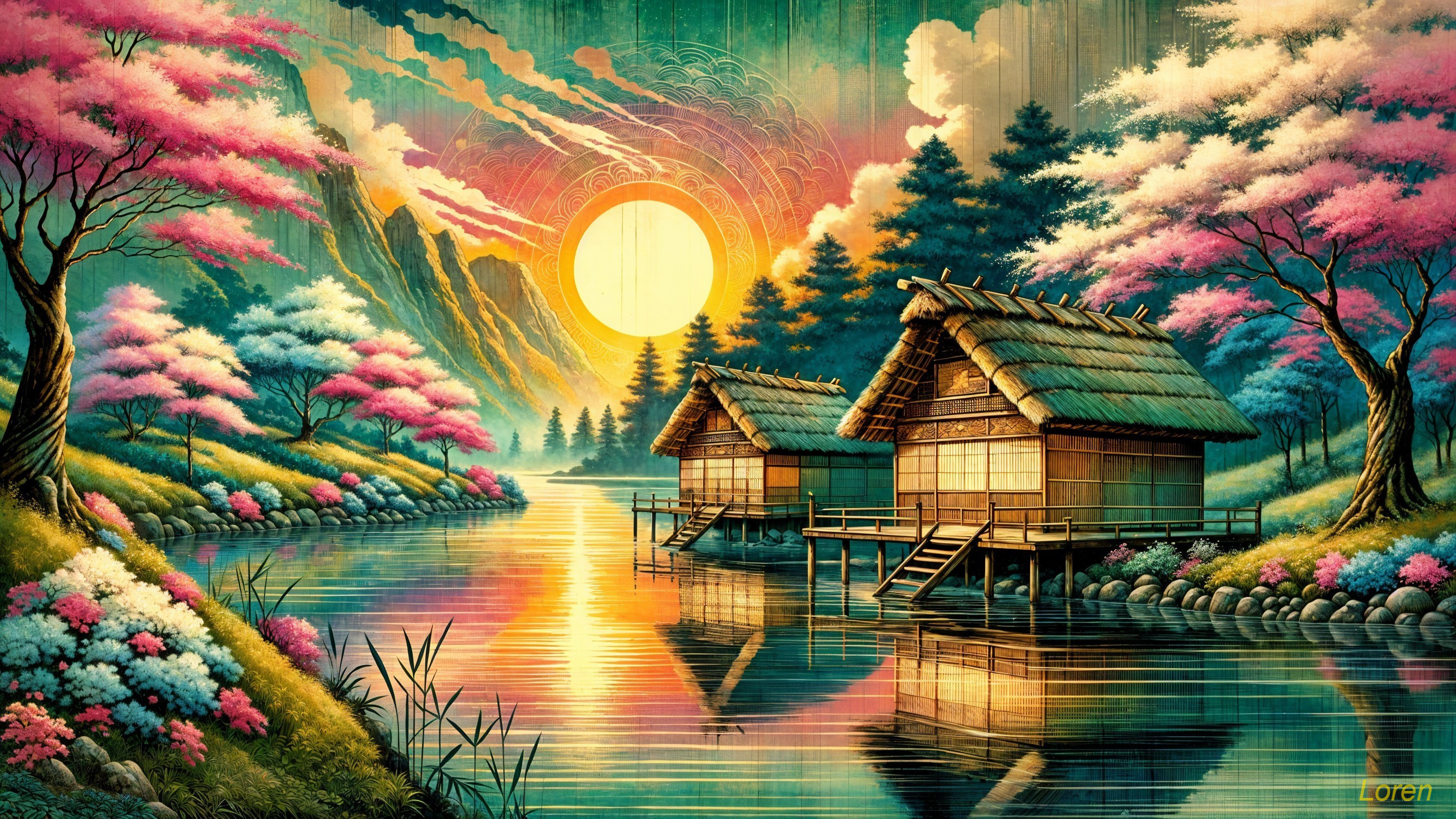 Tranquil Landscape with Huts and Cherry Blossoms