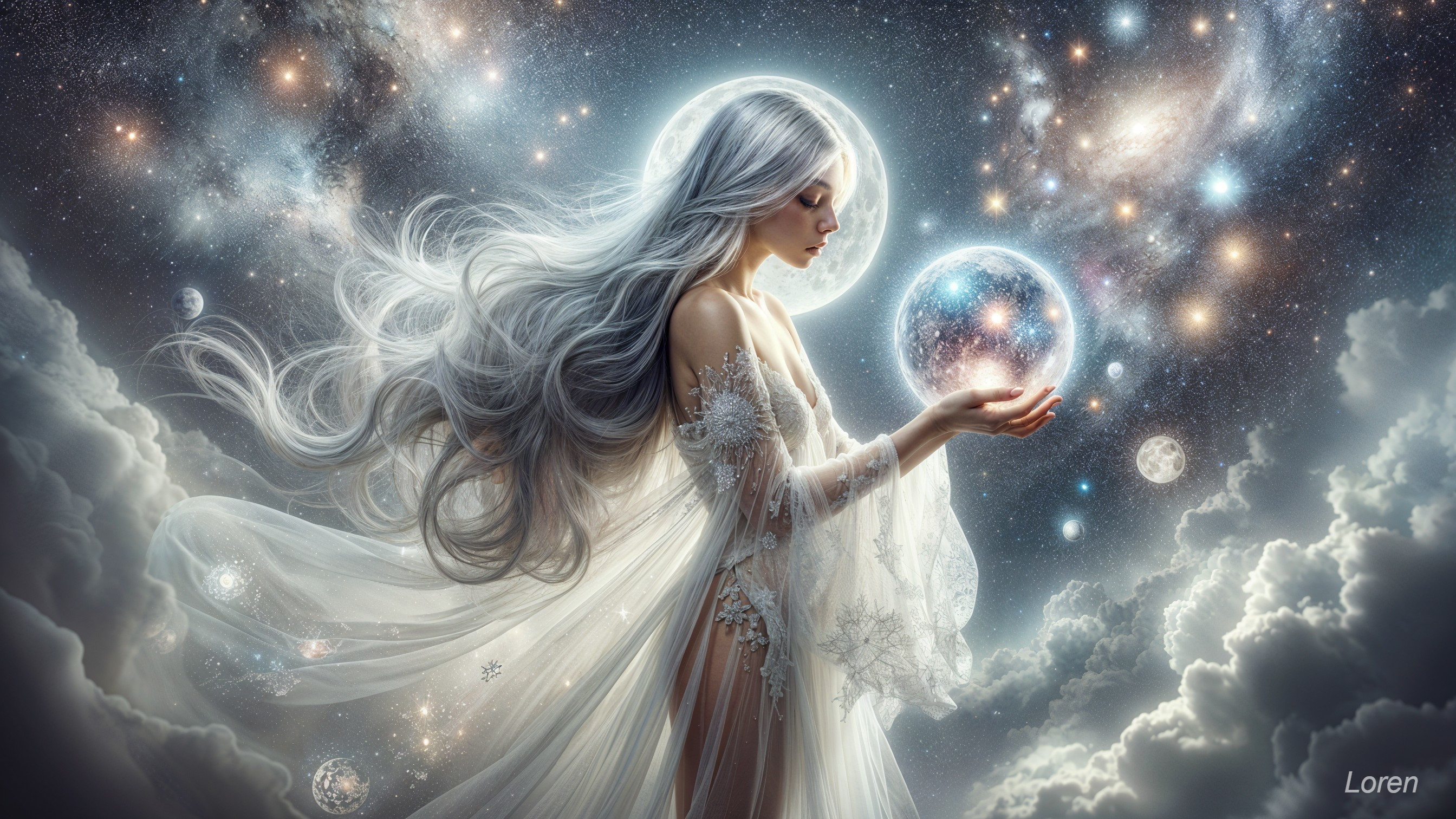 Celestial Figure with Gown and Glowing Orb in Cosmos