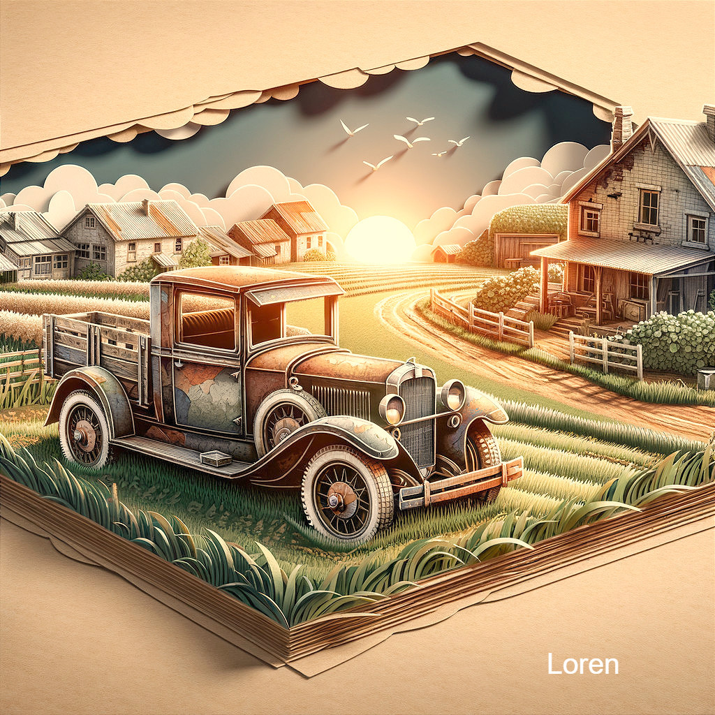 Vintage Truck on Rural Road in Countryside Scene