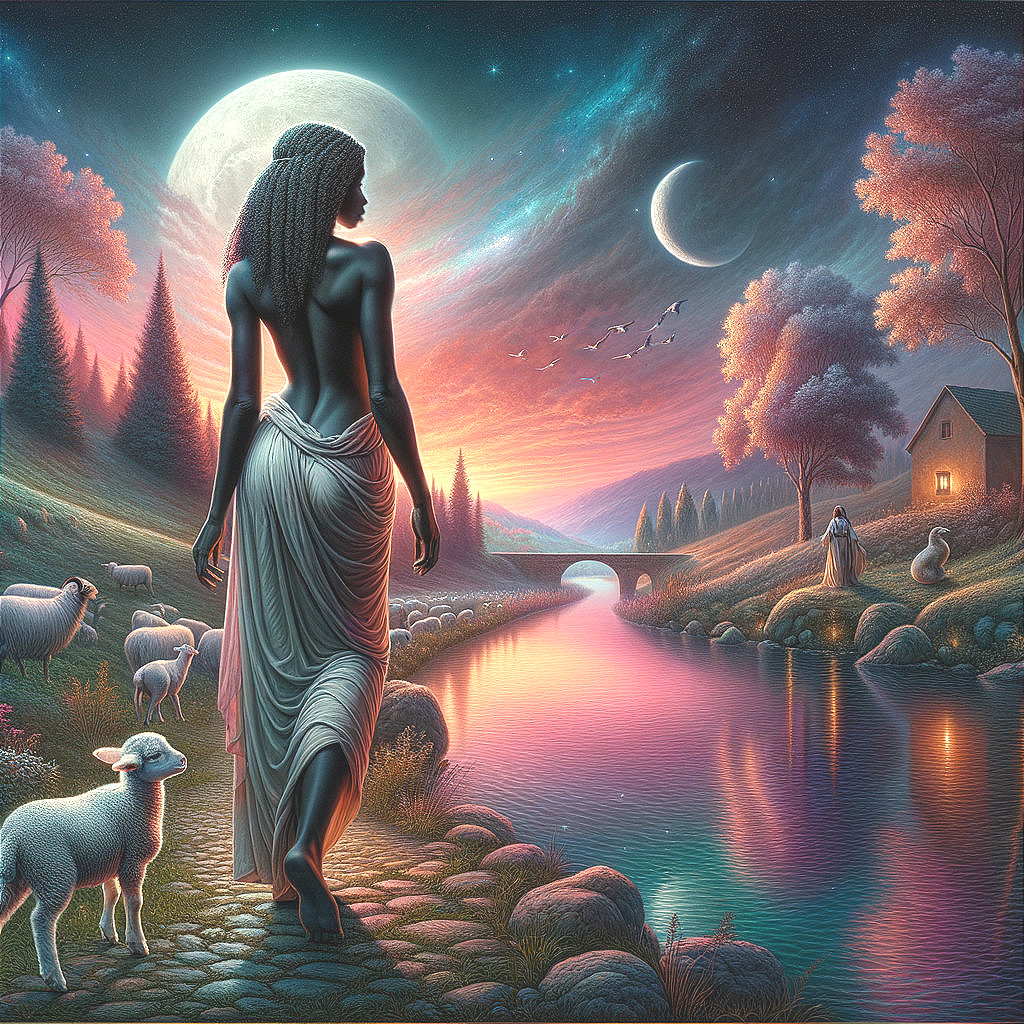 Twilight Landscape with Woman by Riverbank and Sheep