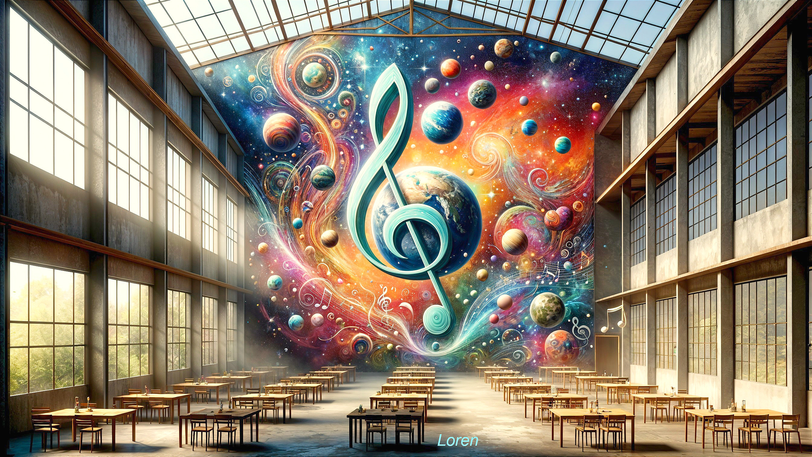 Vibrant Mural of Musical Note and Cosmic Elements