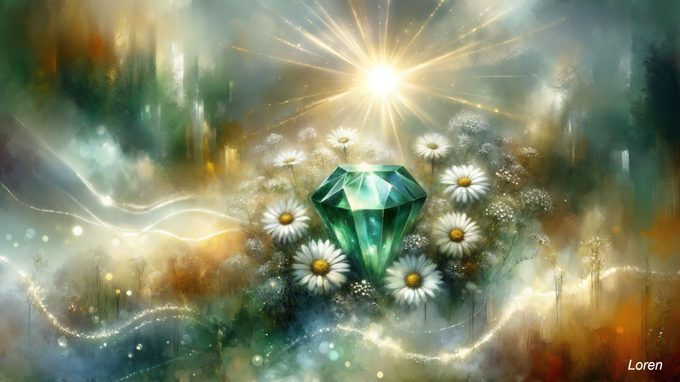 Green Diamond Surrounded by White Daisies and Light