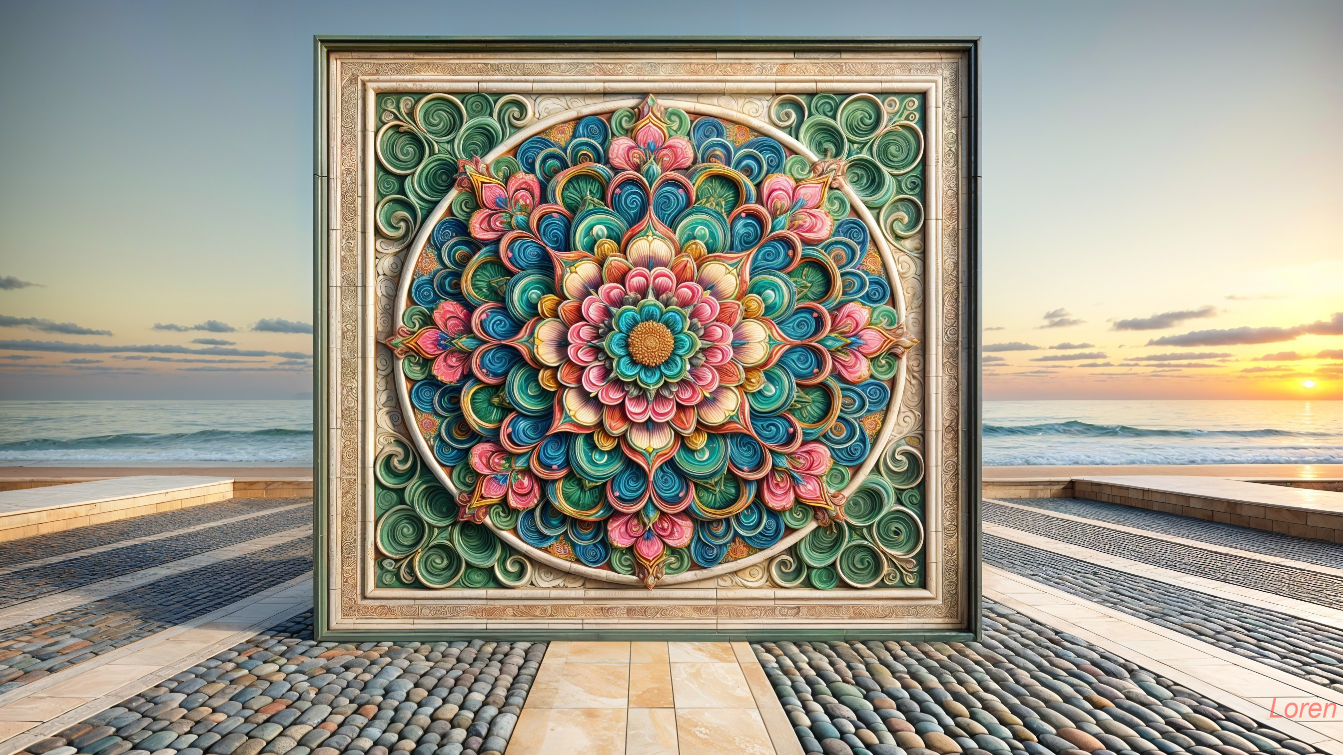 Vibrant Mandala Artwork with Seaside Sunset Background