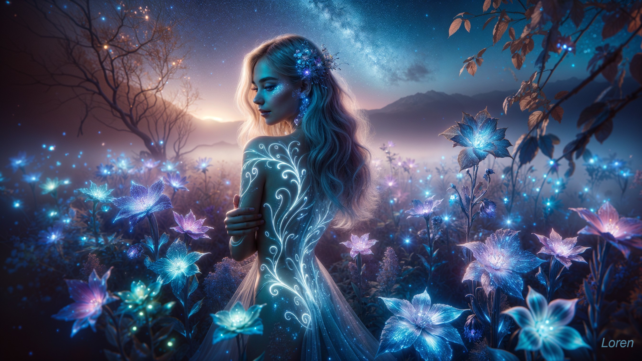 Mystical Twilight Landscape with Enchanted Flora