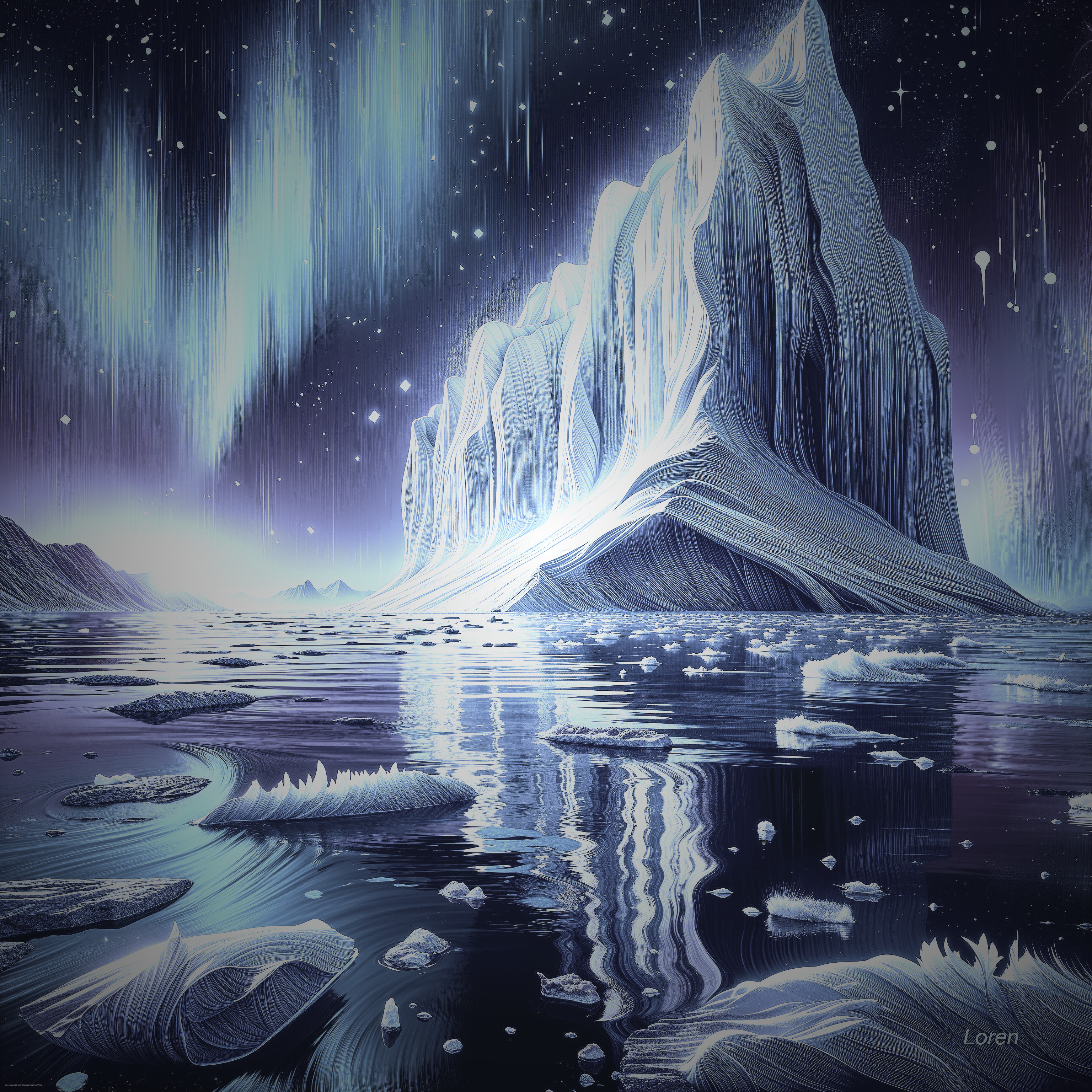 Surreal Icy Landscape with Icebergs and Auroras