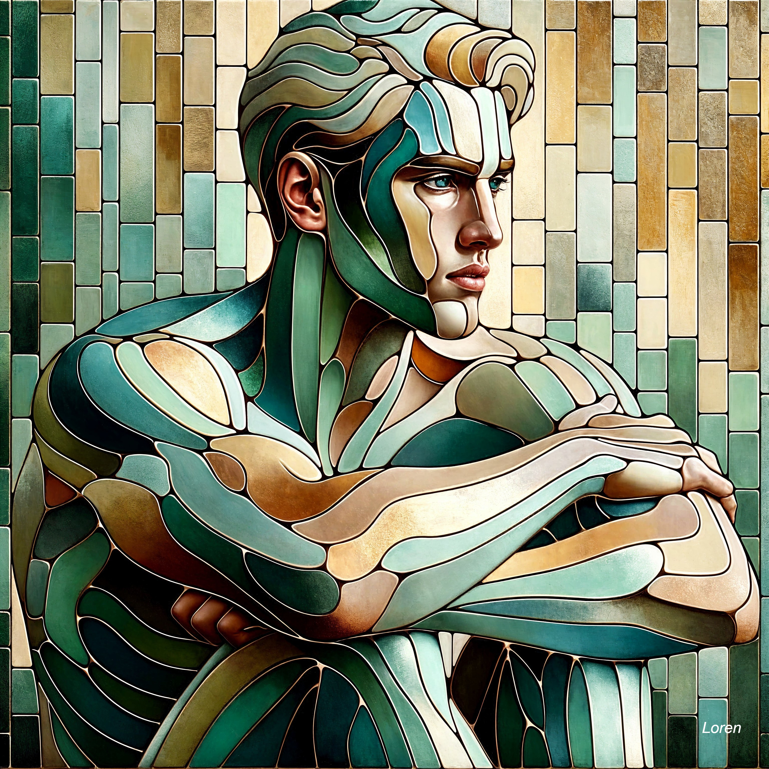 Stylized Male Figure with Colorful Stained Glass Patterns