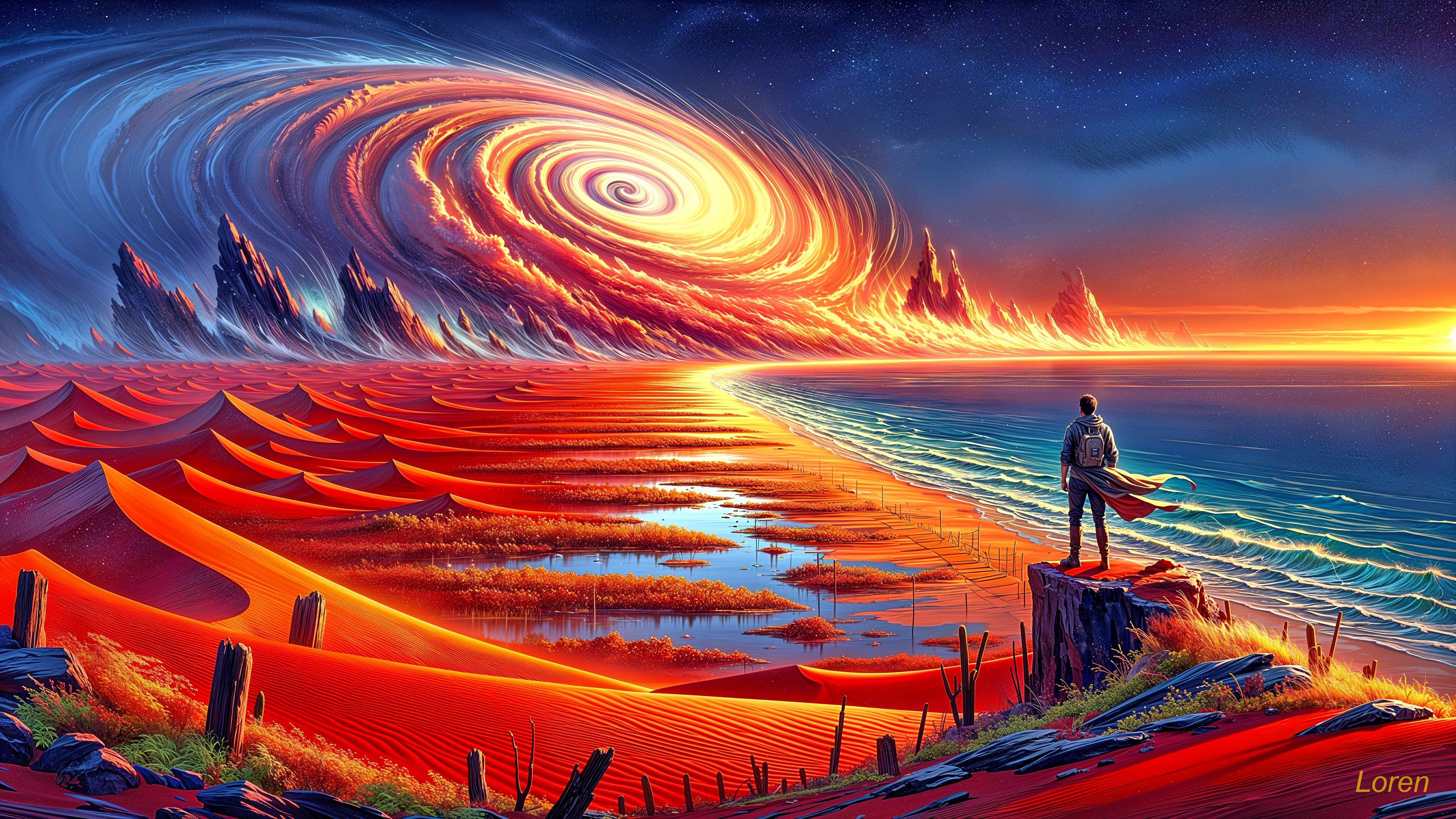 Surreal Landscape with Galaxy and Desert Dunes
