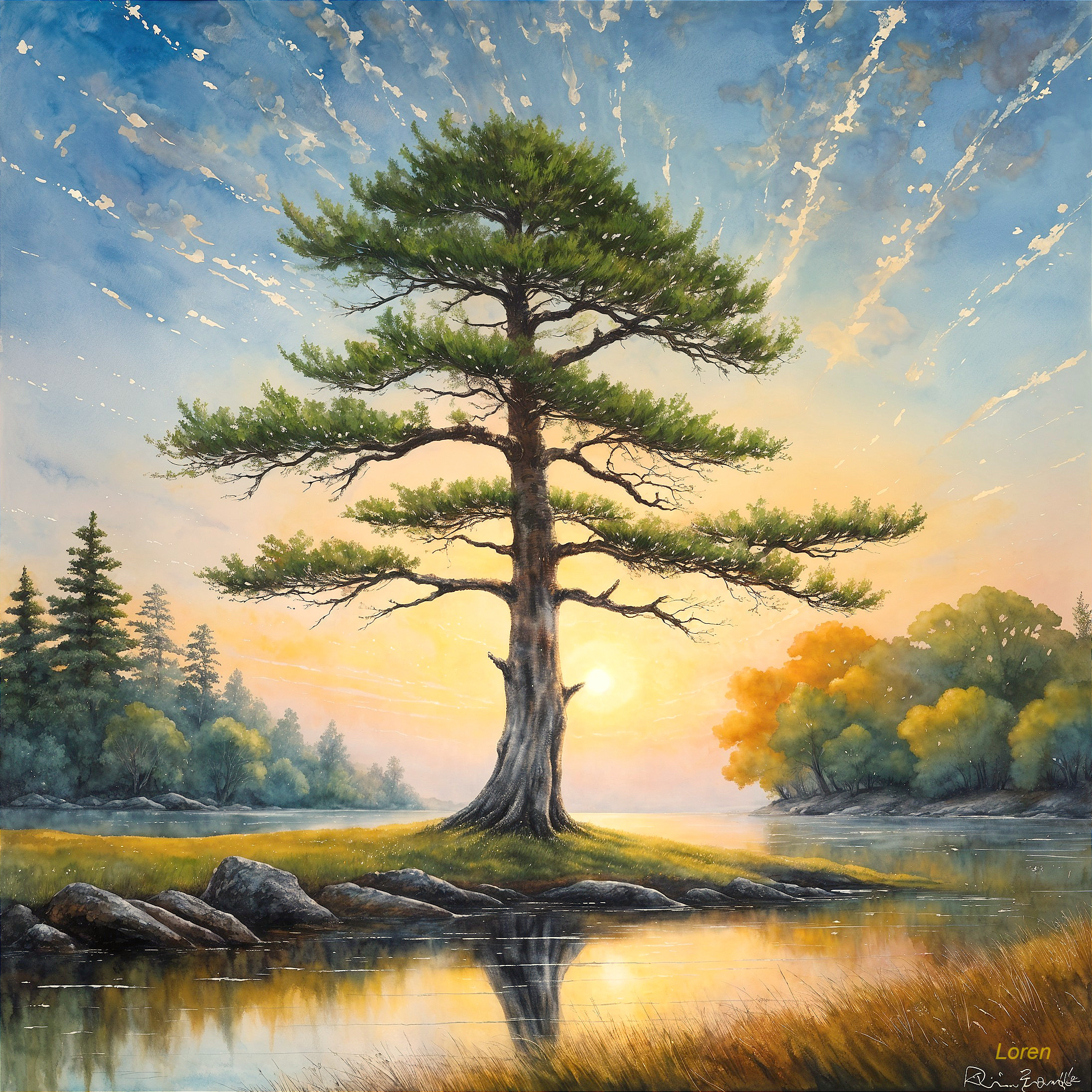 Serene Landscape with Majestic Tree on an Island