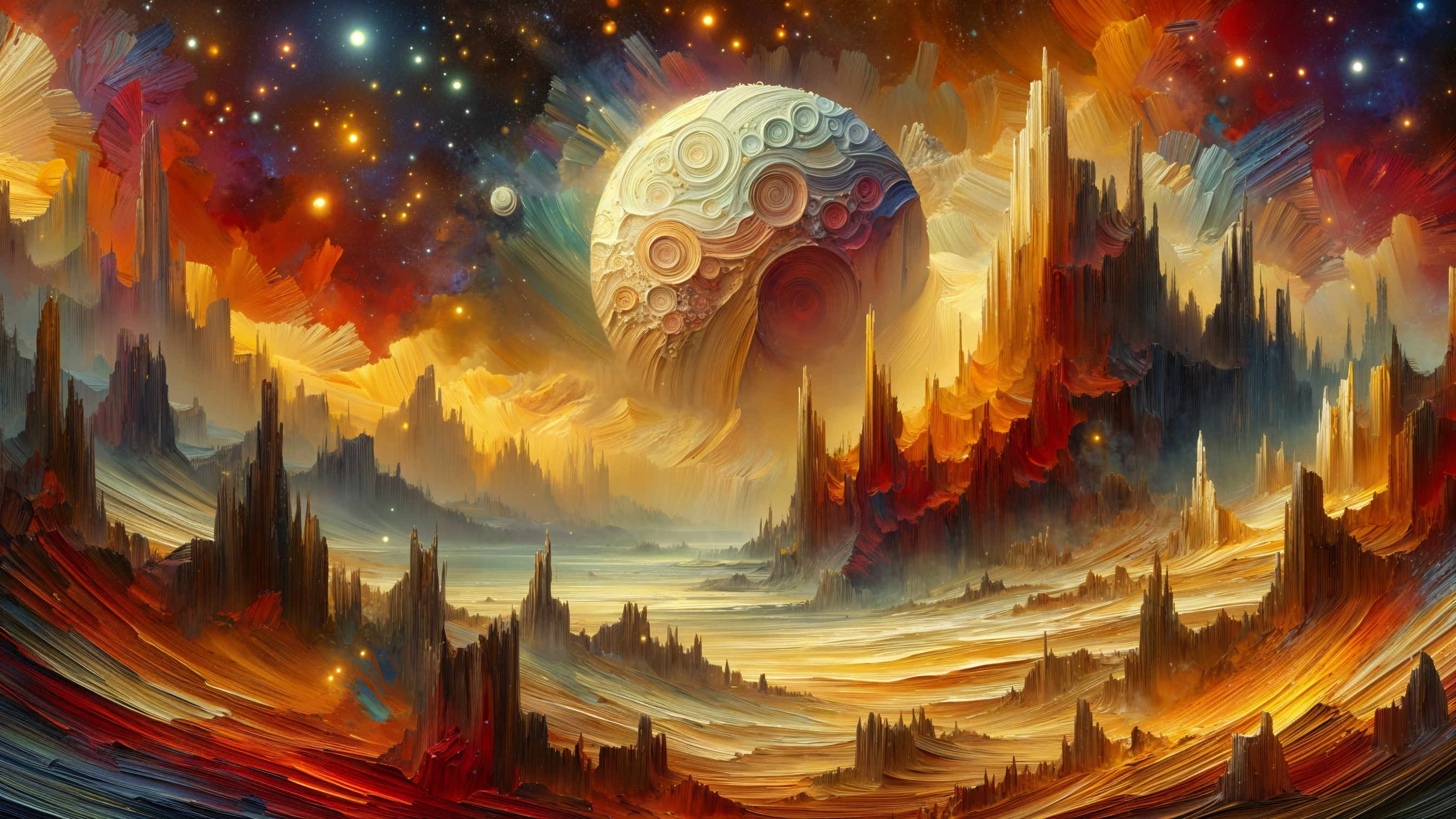 Vibrant Alien Landscape with Towering Formations