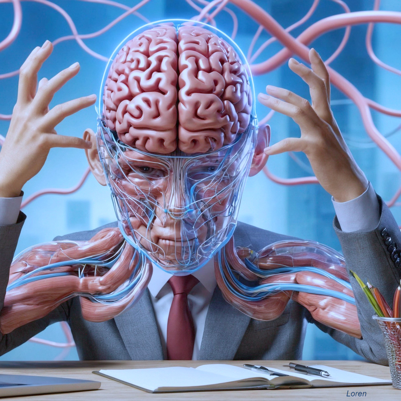 Contemplative Man with Semi-Transparent Face and Brain