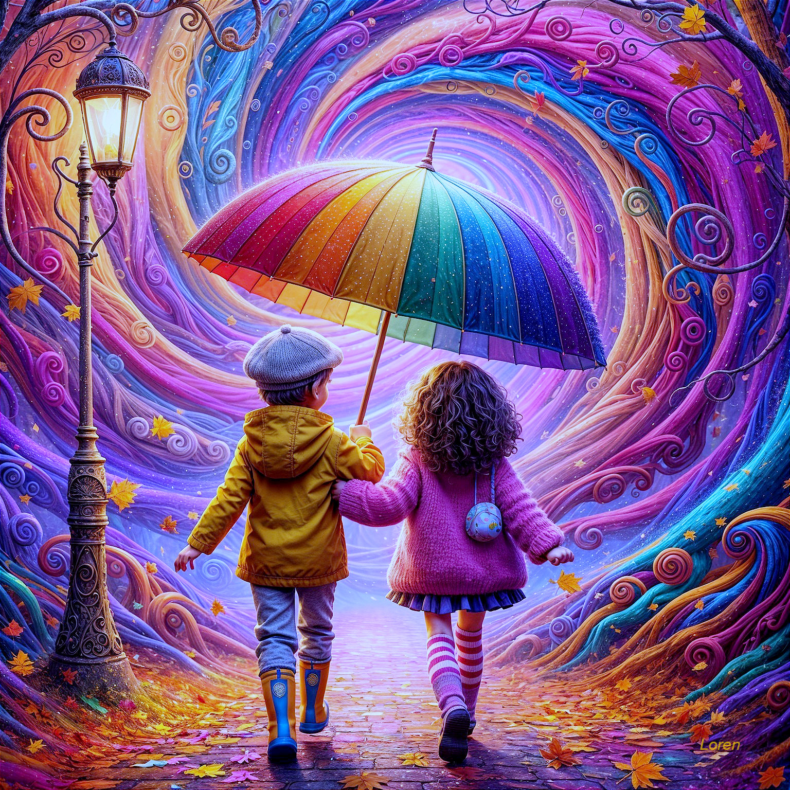 Children with Umbrella in Colorful Autumn Tunnel