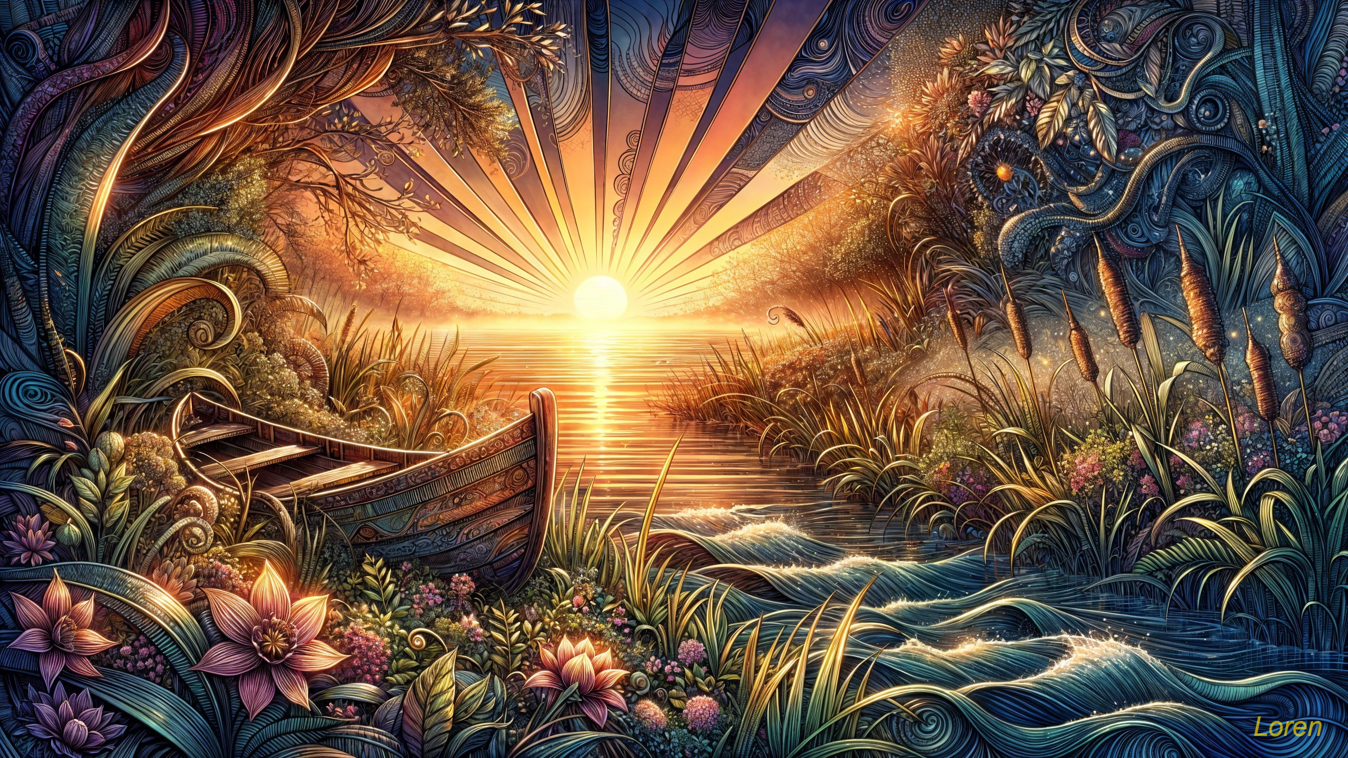 Tranquil River Landscape at Sunset with Lush Foliage
