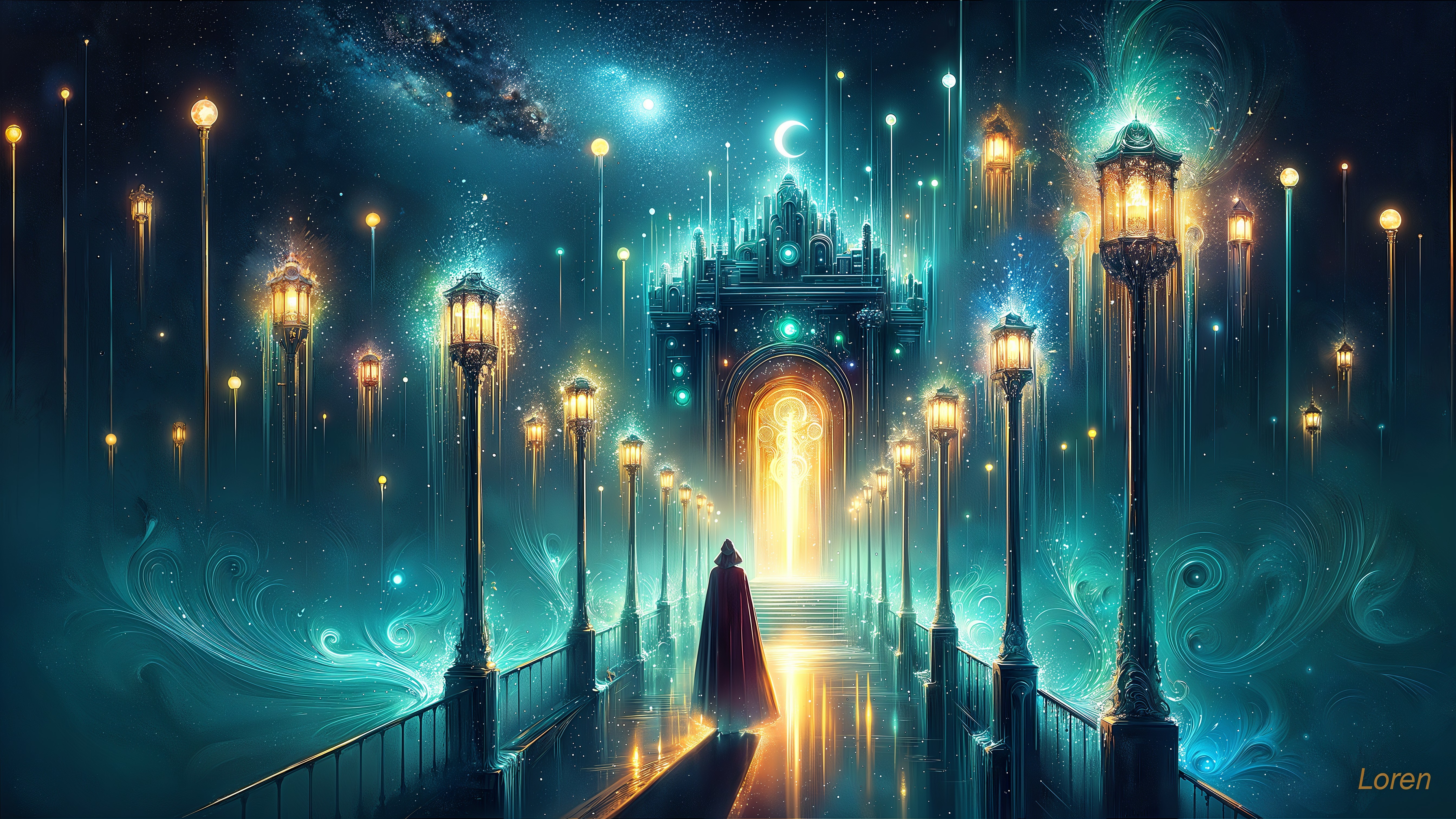 Mysterious Figure on Luminescent Pathway to Archway