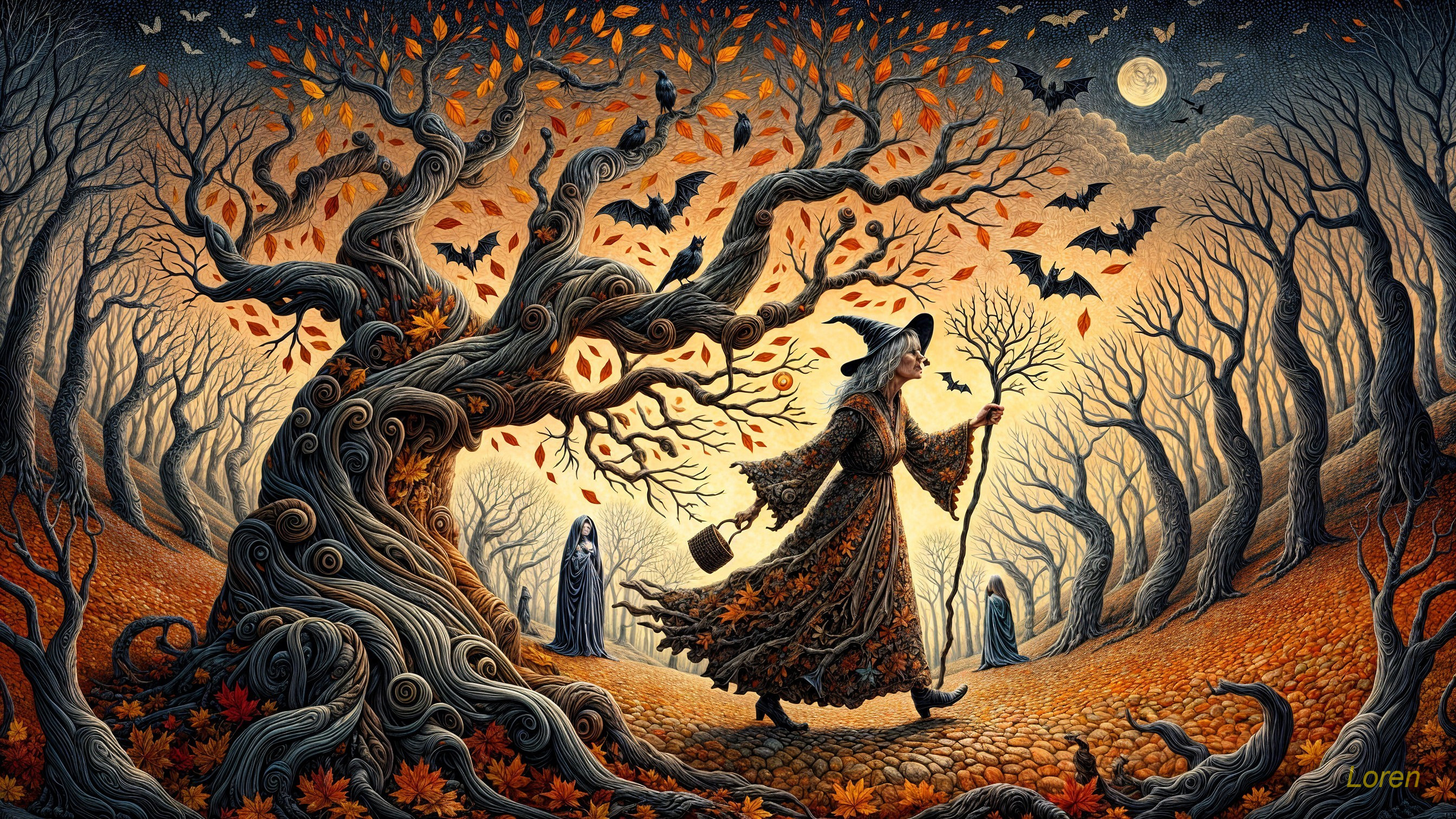 Witch Walking in Mystical Autumn Forest Scene