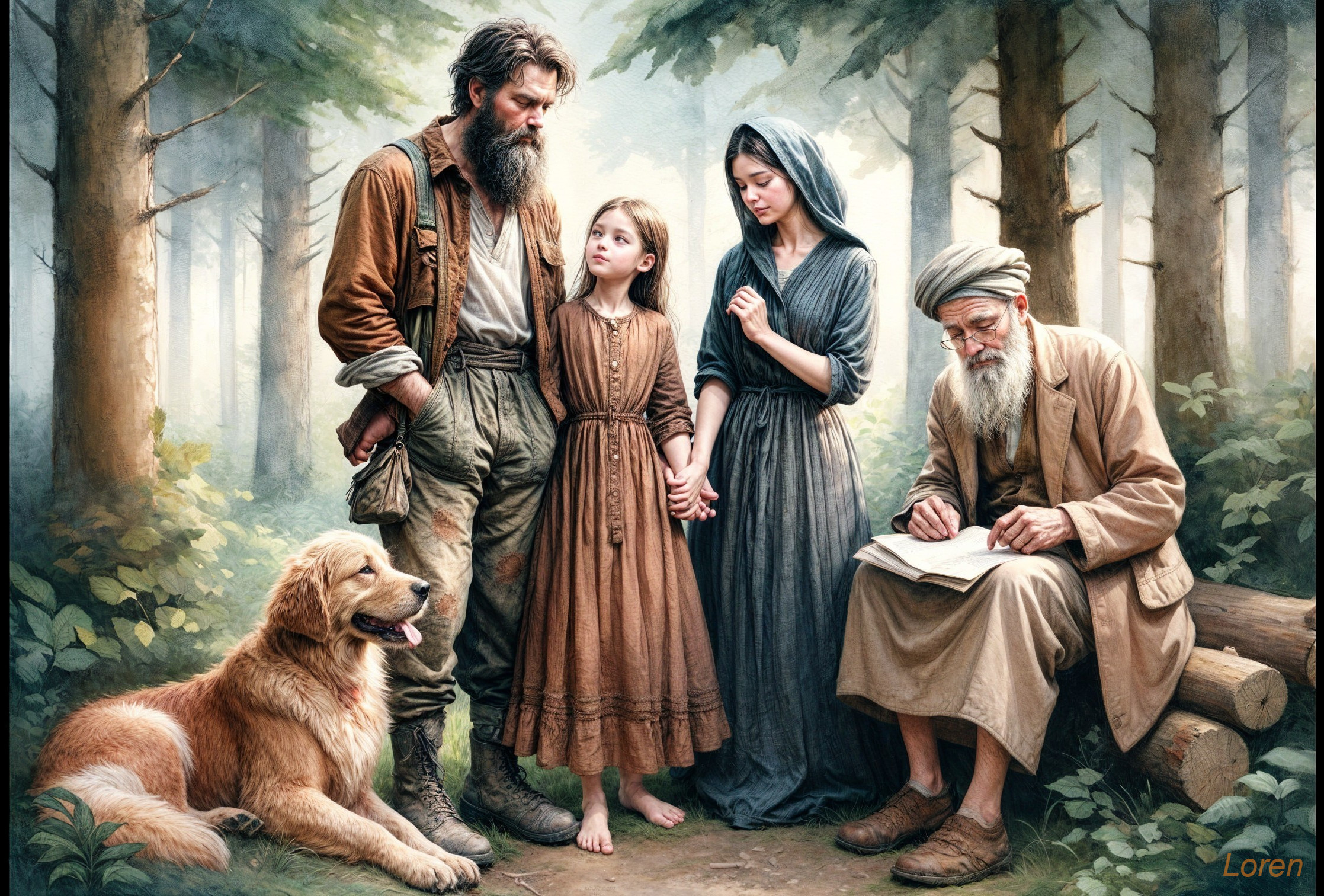 Rugged man and women in serene forest setting