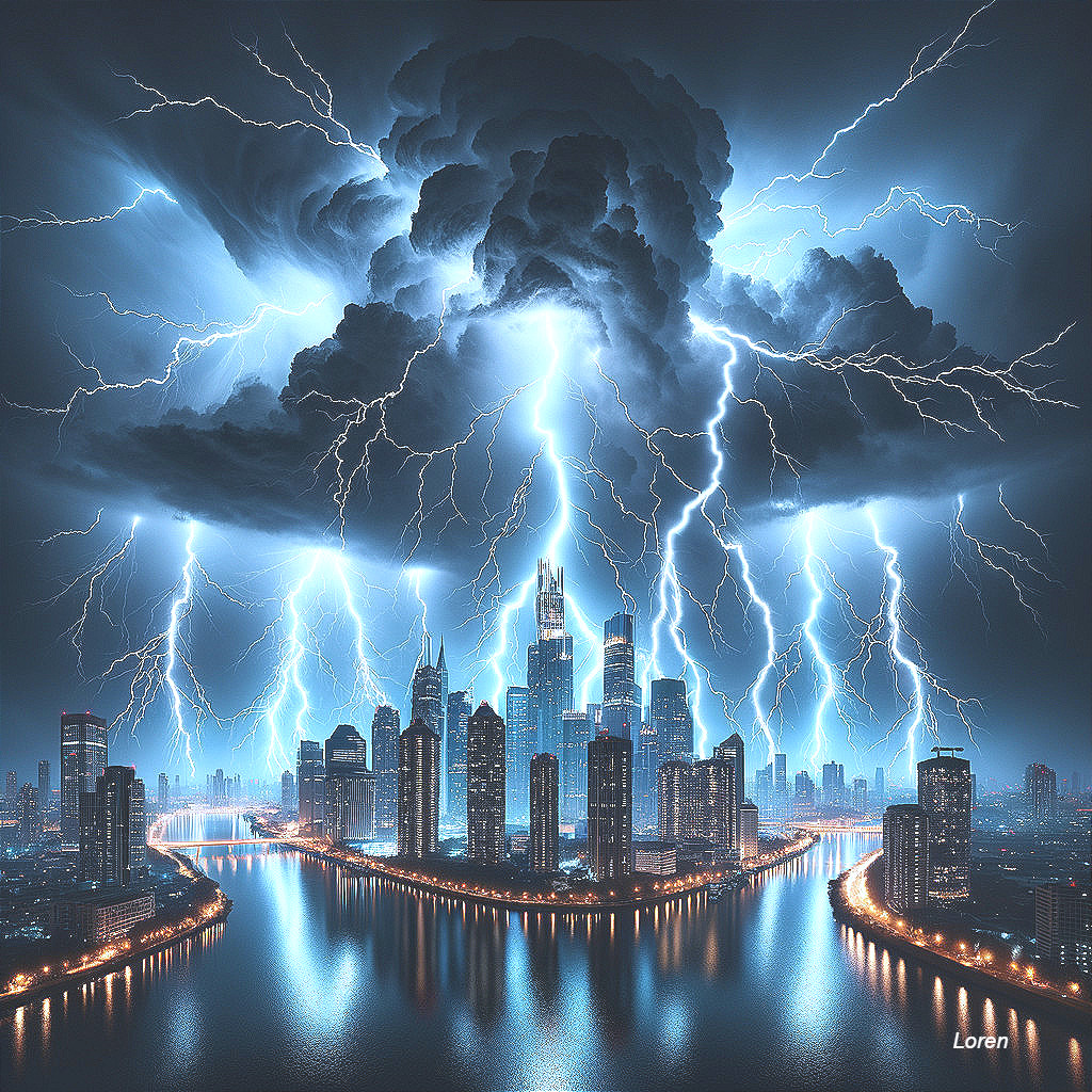 Dramatic Cityscape with Lightning and Skyscrapers