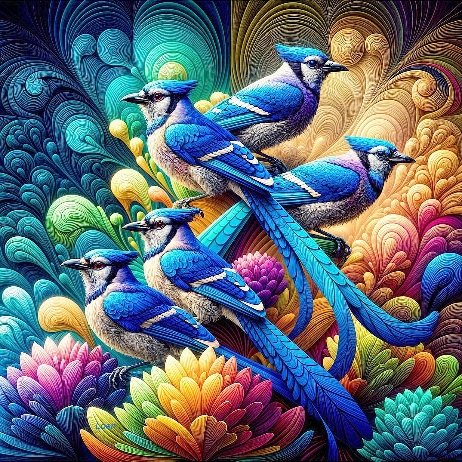 Blue Jays Among Vibrant Floral Patterns Illustration