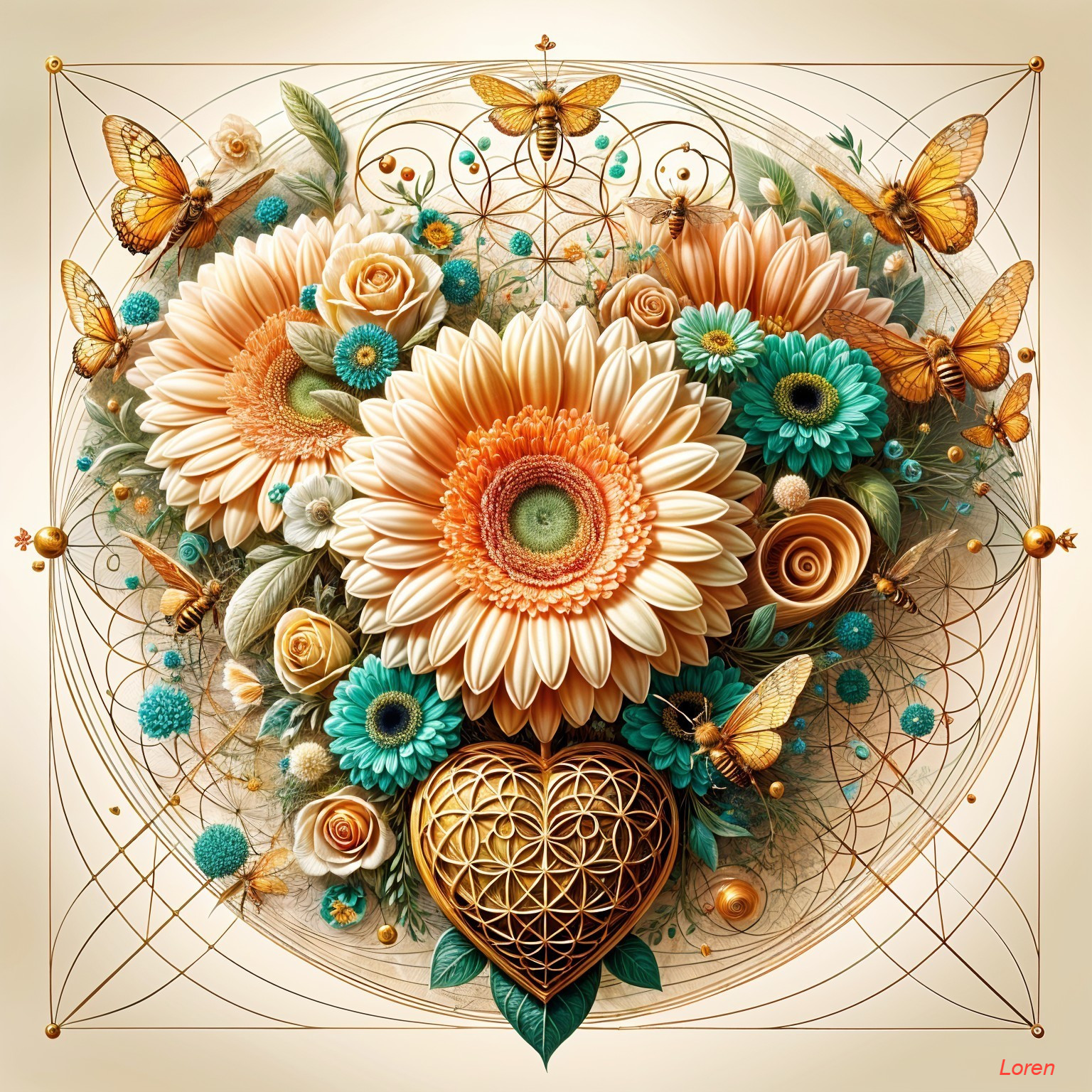 Floral Arrangement with Butterflies and Geometric Patterns