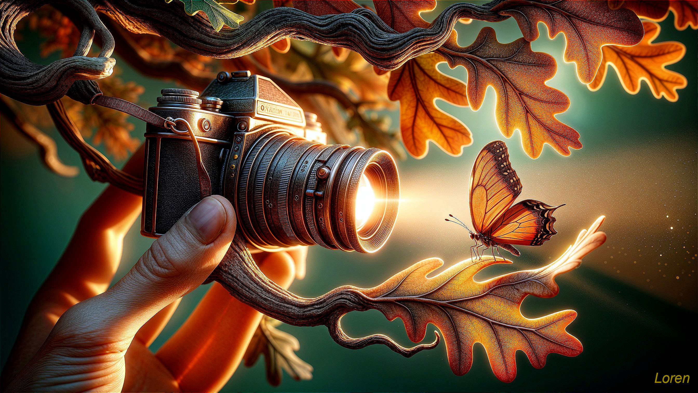 Old-fashioned camera capturing butterfly on oak leaf