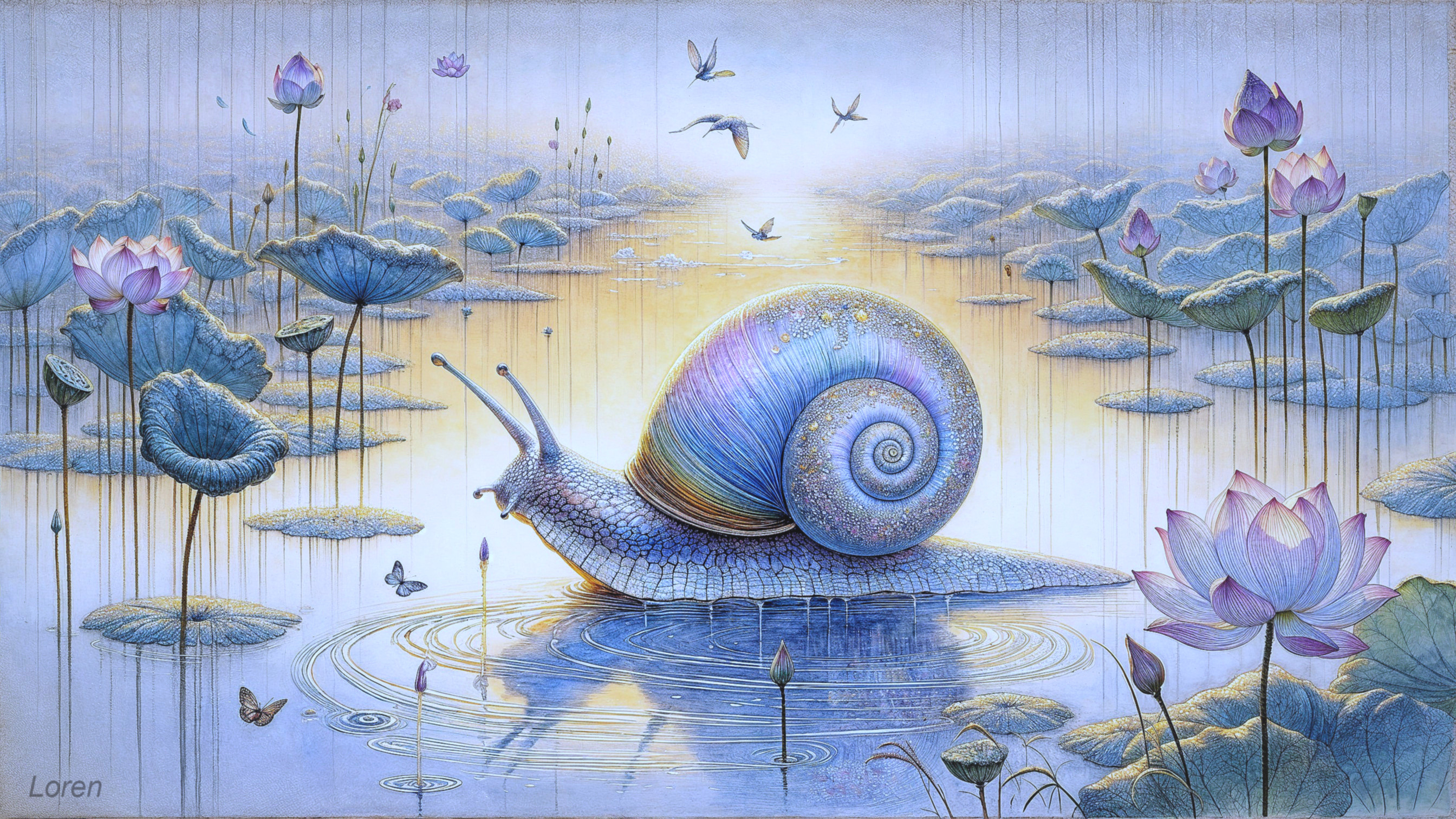 Colorful Snail on a Tranquil Pond with Lotus Flowers