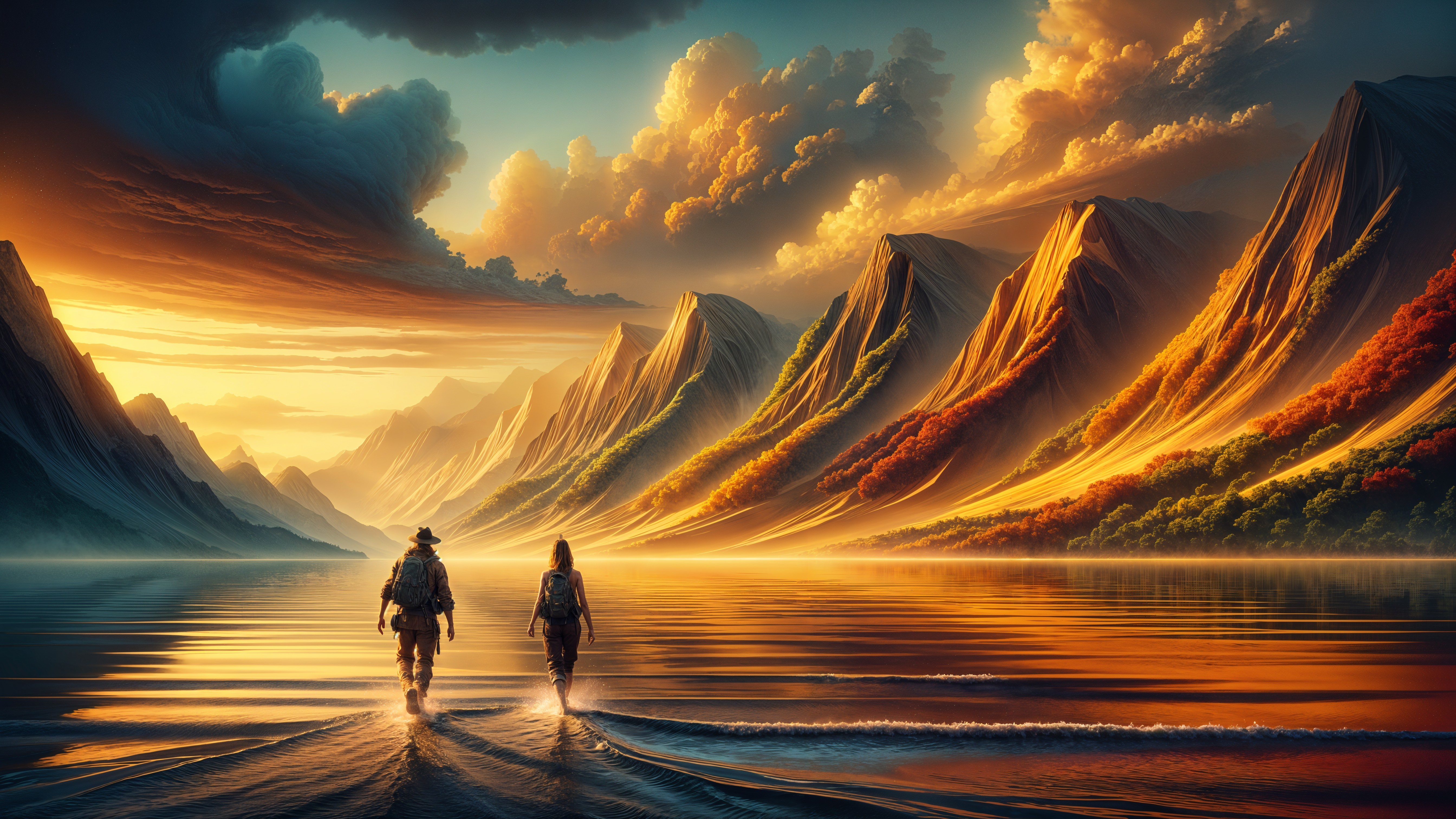 Hikers at a serene lake during a vibrant sunset