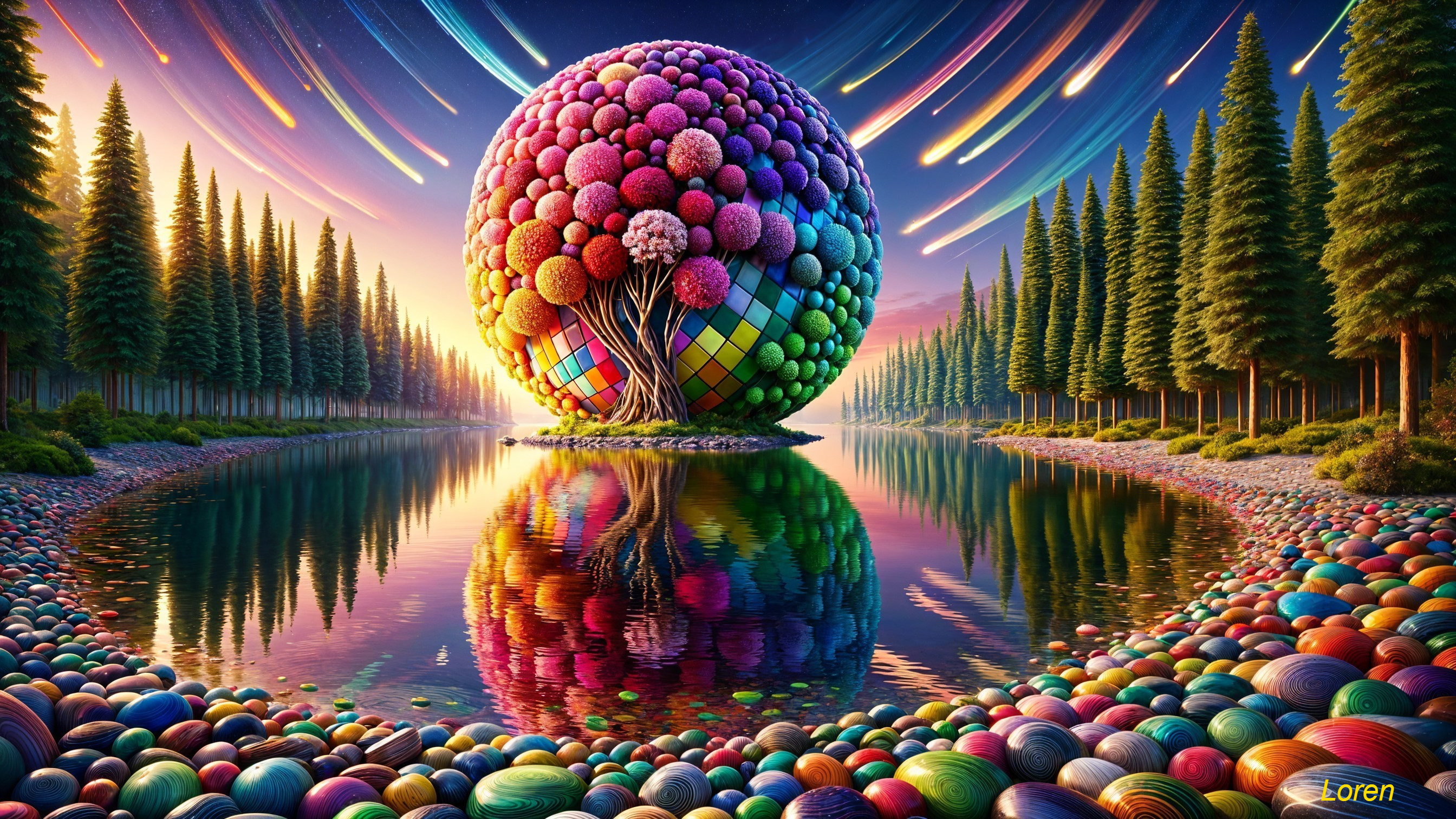 Surreal Landscape with Colorful Sphere and Lake