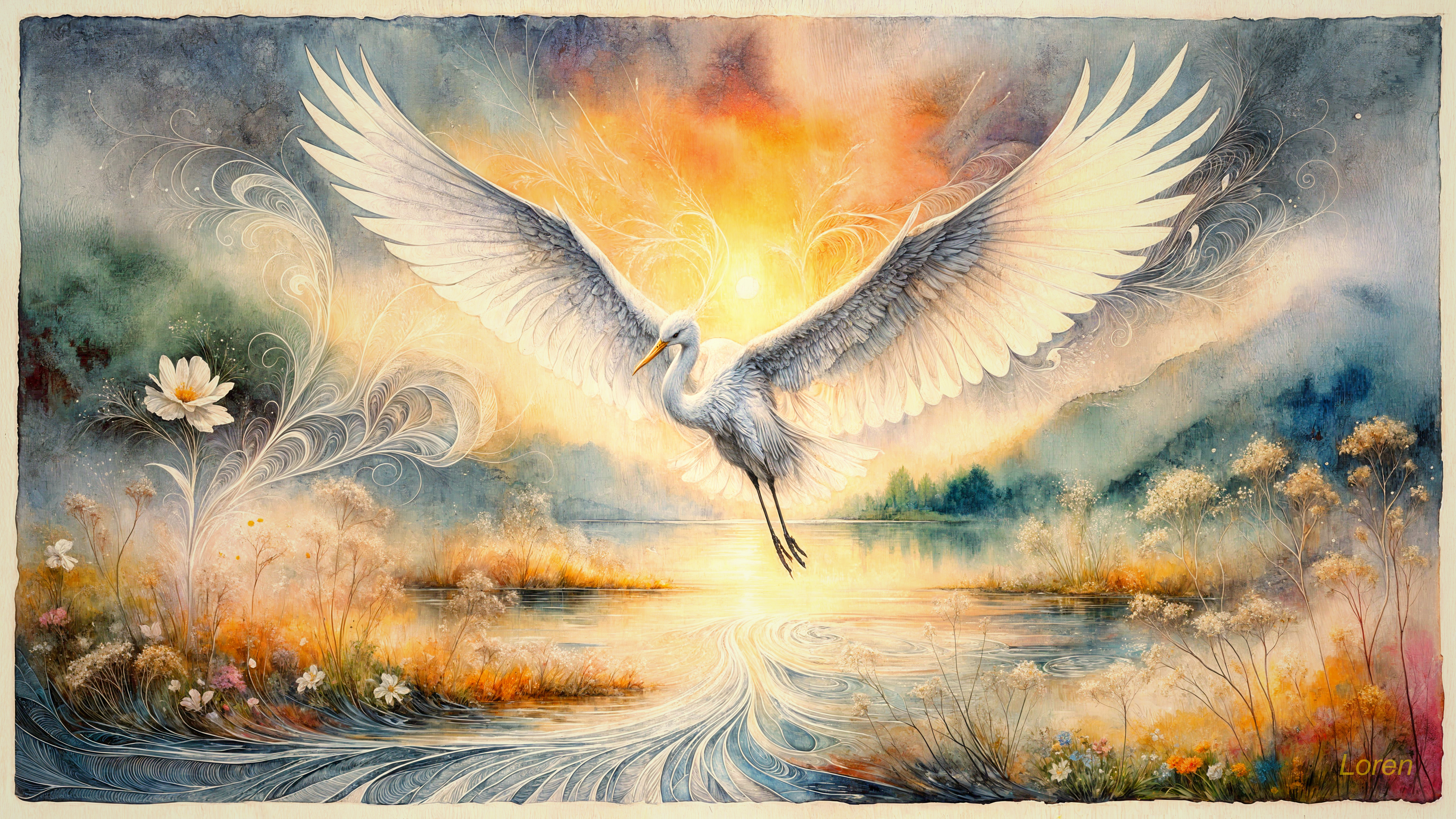 White Heron Soaring Above Sunrise Landscape