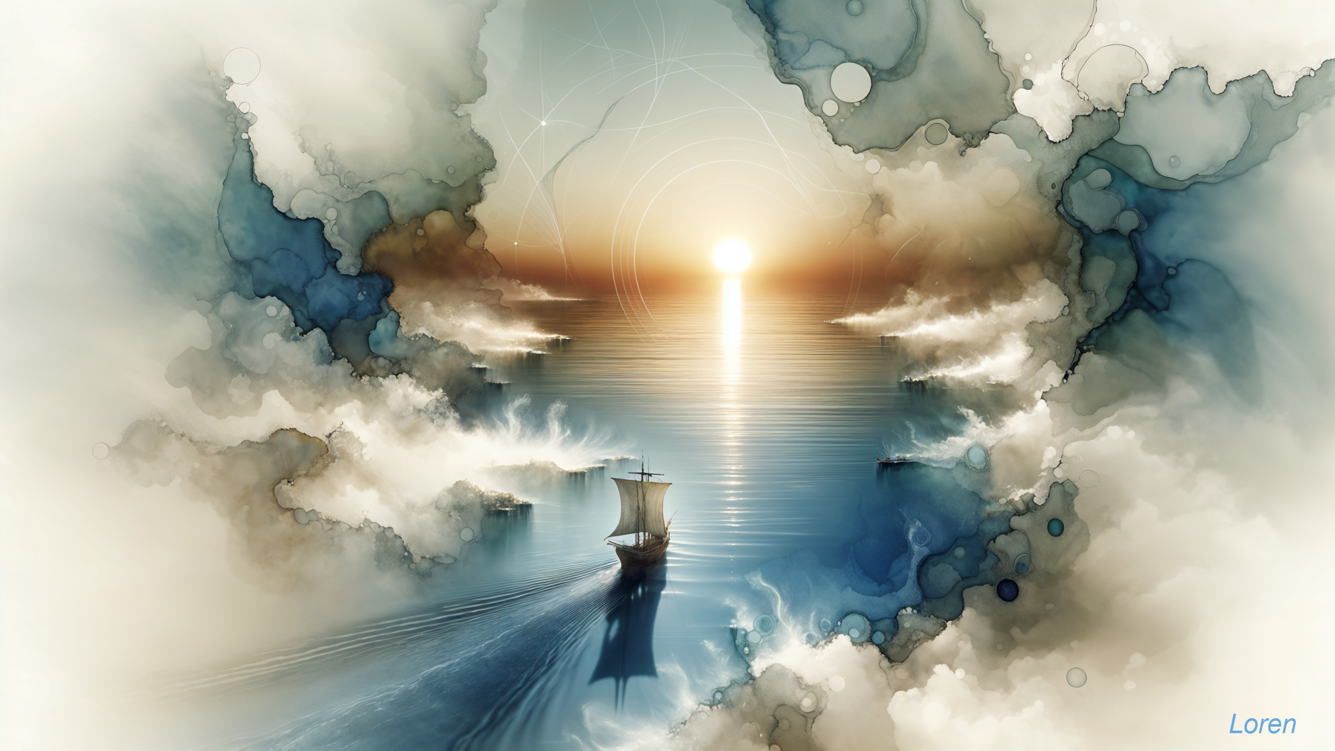 Lone Ship Sailing Towards Luminous Horizon at Sunrise