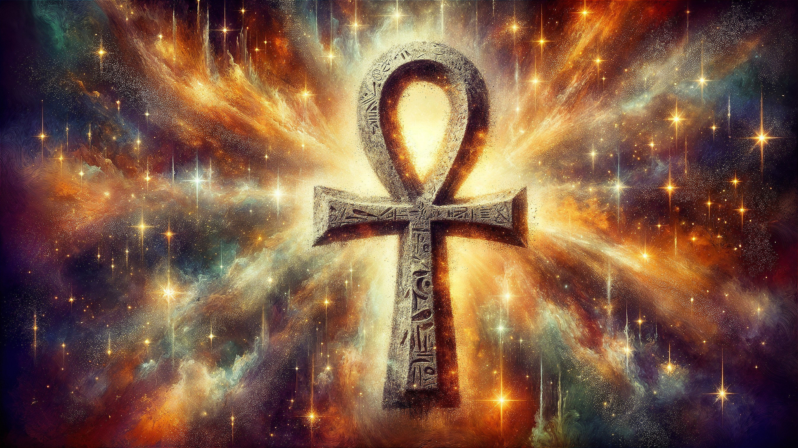 Ankh Symbol Surrounded by Cosmic Galaxy Background