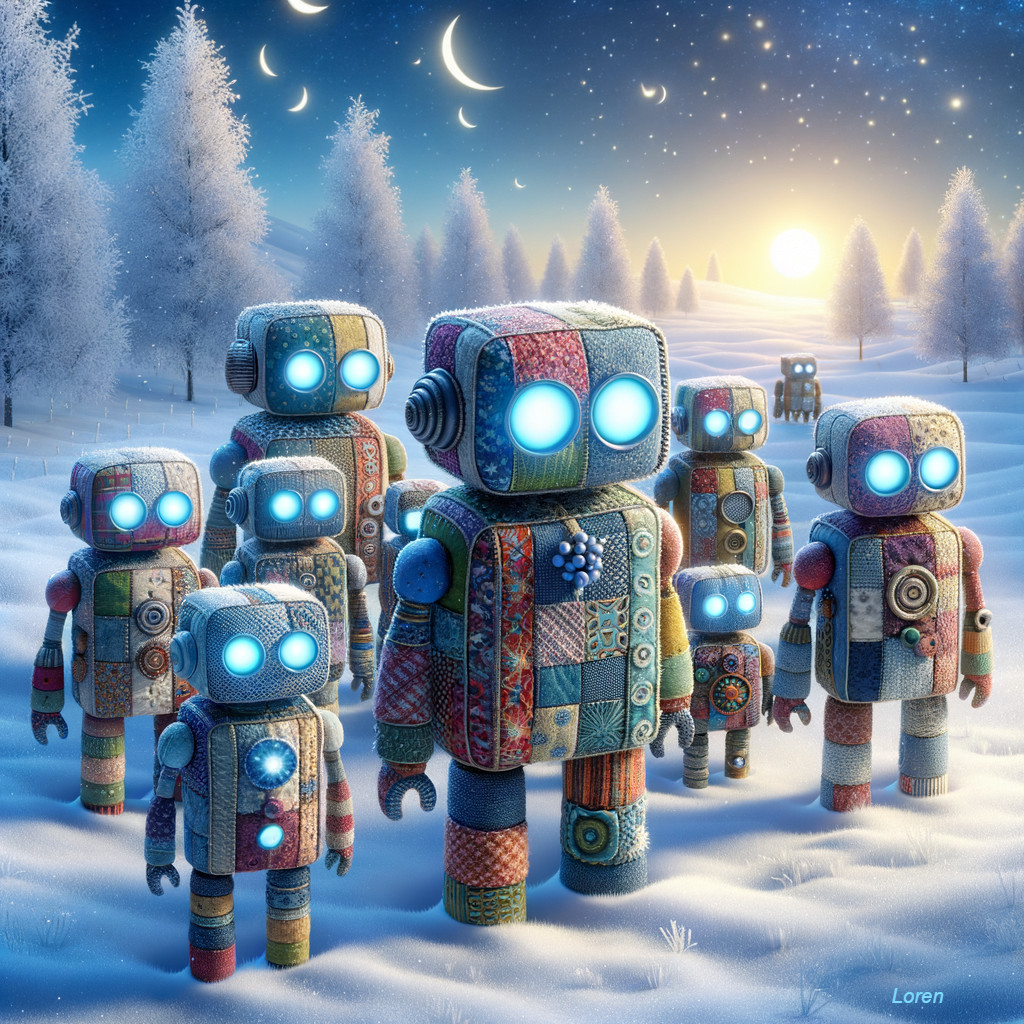 Colorful Patchwork Robots in a Snowy Landscape