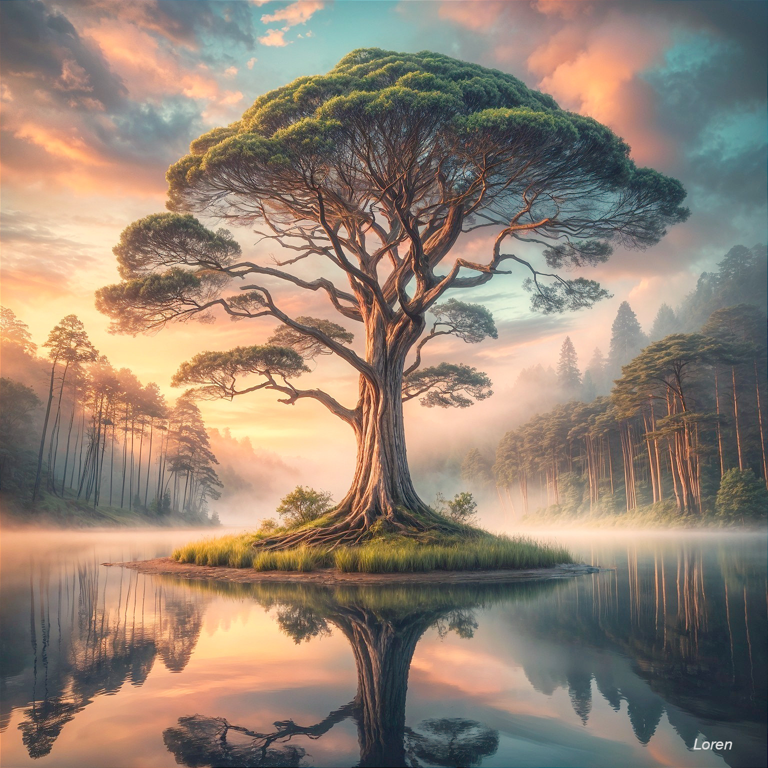 Majestic Tree on Island at Tranquil Lake at Sunset