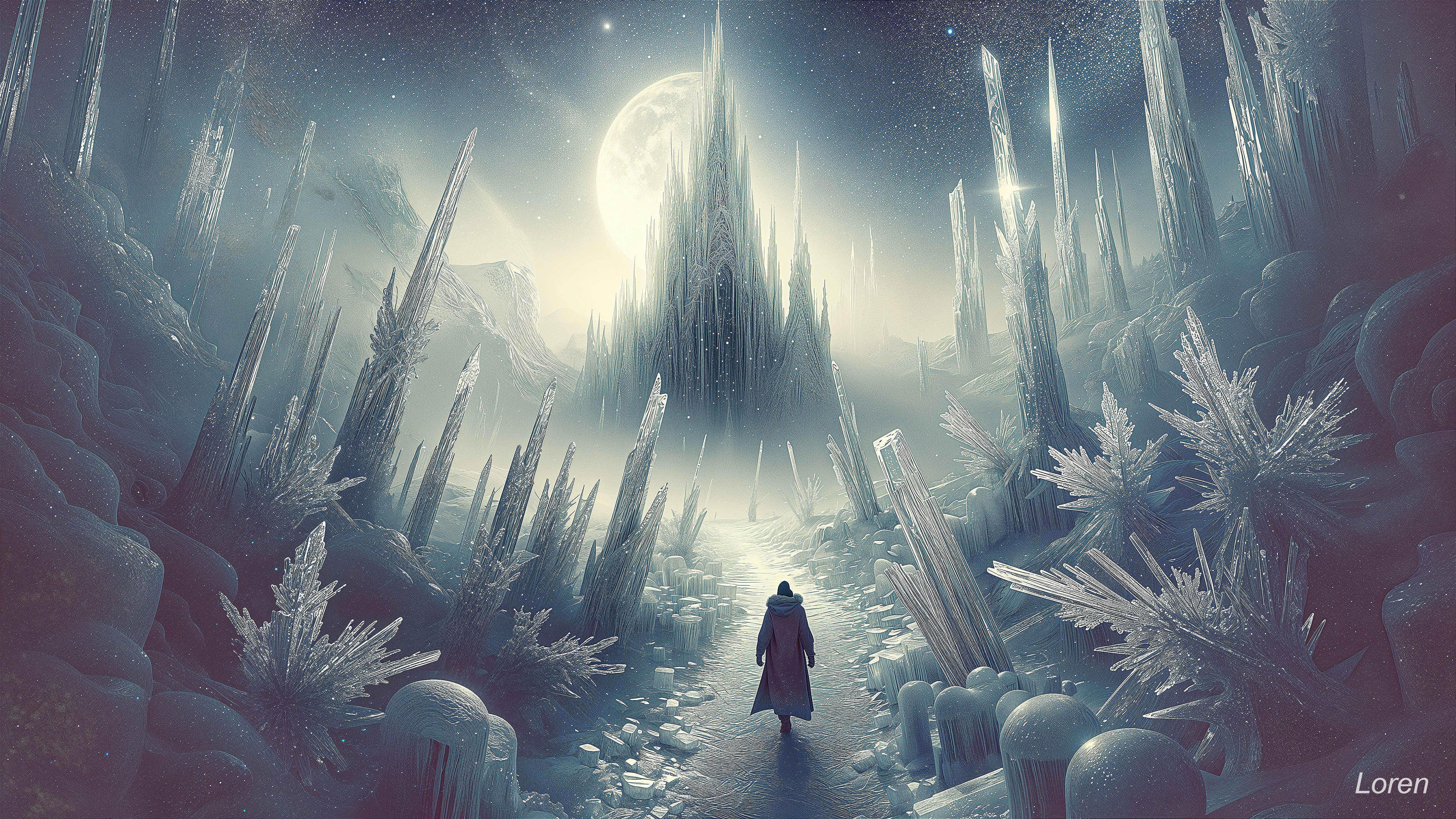 Lone Figure Walking in a Frost-Covered Landscape