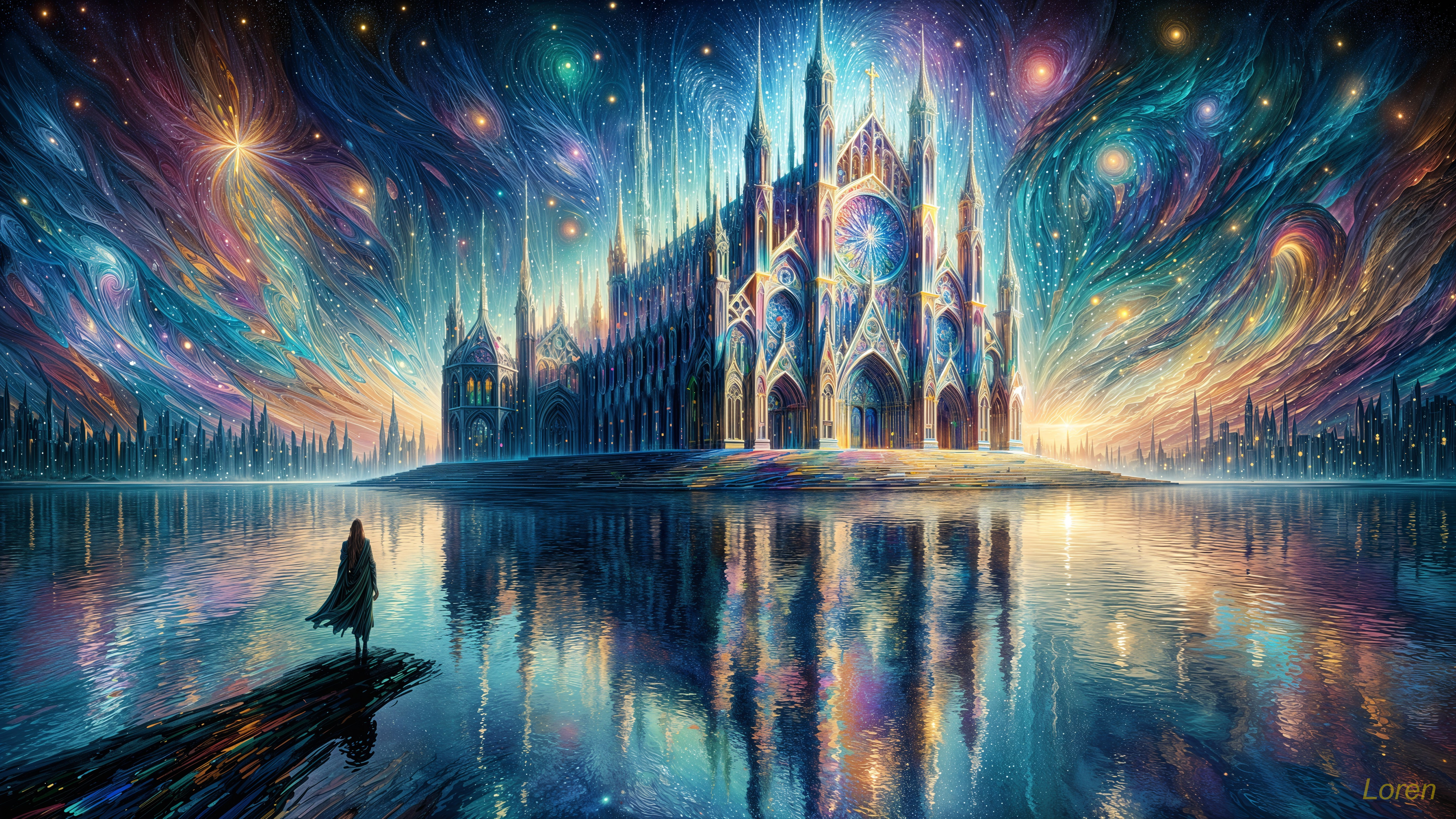Ornate Cathedral Under Cosmic Colors and Stars